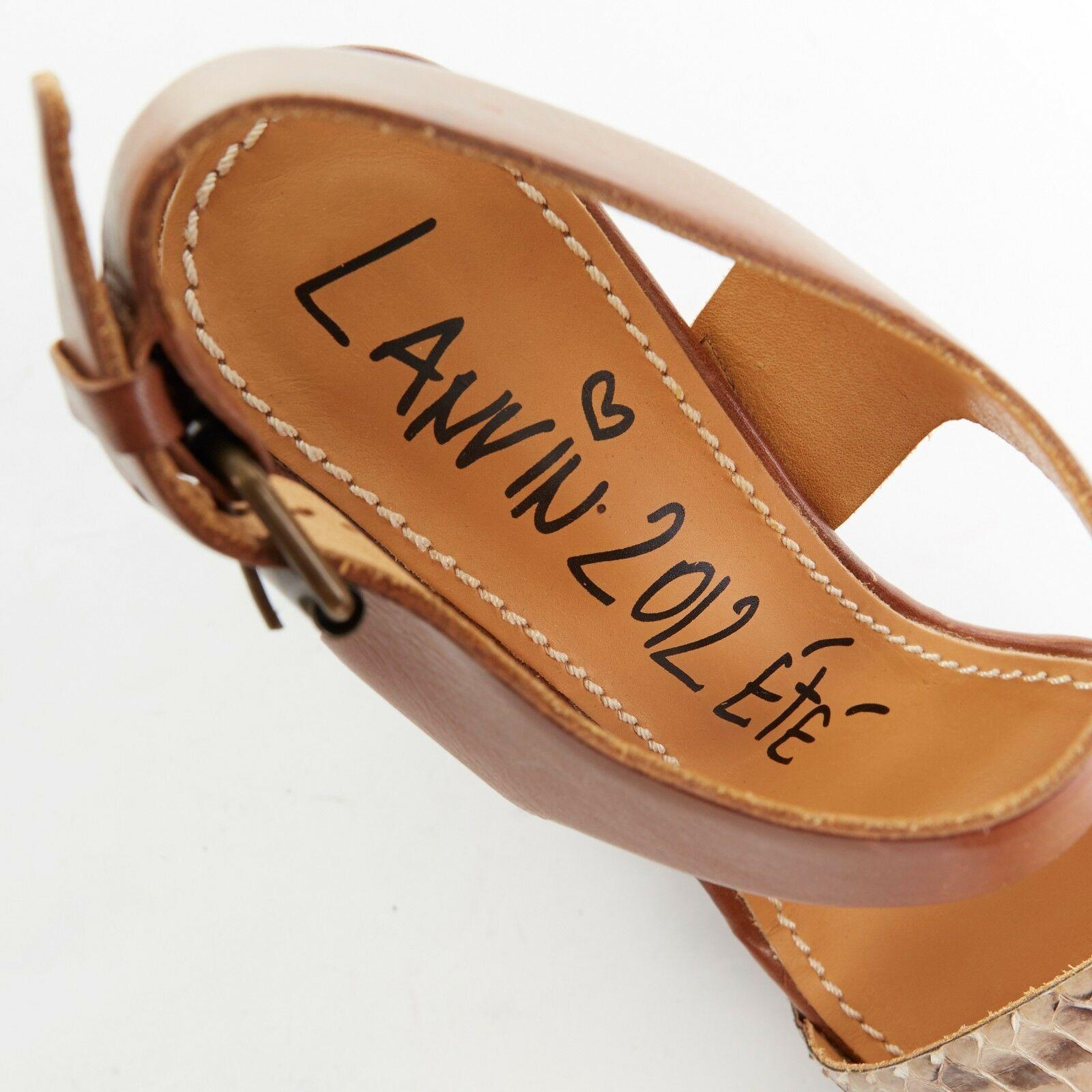 new LANVIN python strap brown leather wooden platform wedge heels EU37 US7 UK4 2