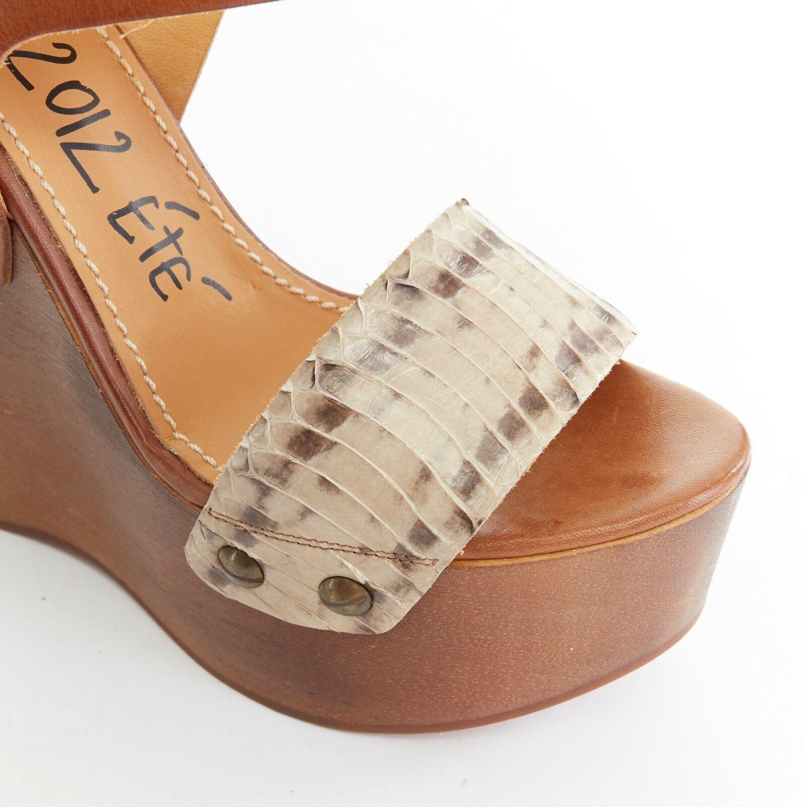 Women's new LANVIN python strap brown leather wooden platform wedge heels EU37 US7 UK4