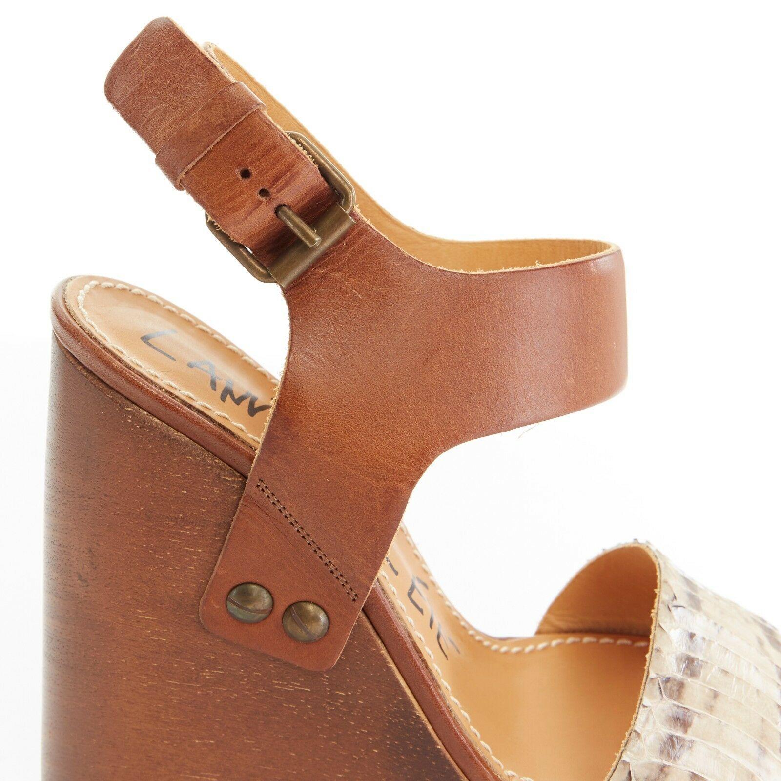 new LANVIN python strap brown leather wooden platform wedge heels EU37 US7 UK4 1