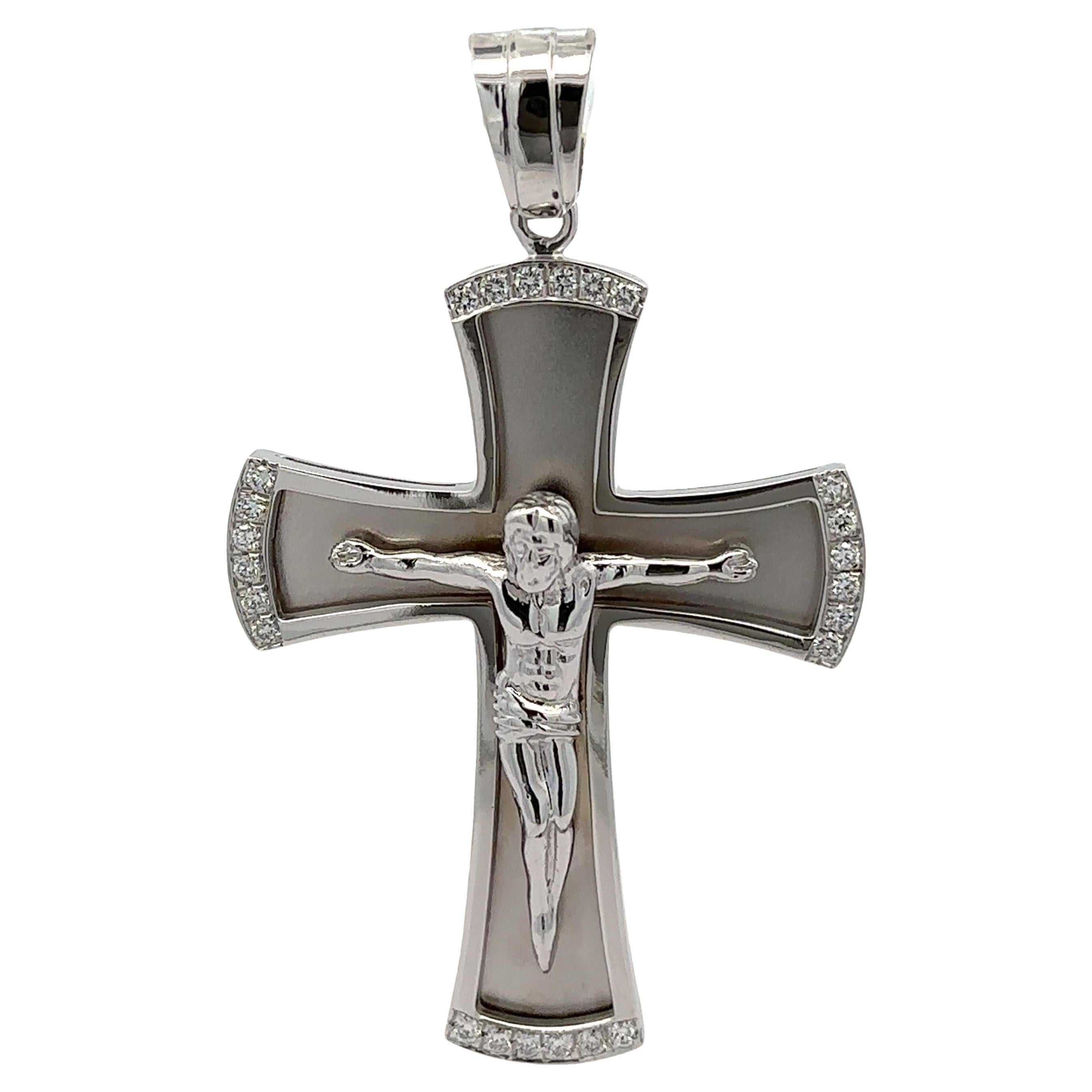 New Large 14k White Gold 0.61ctw Diamond Matte & Polished Finish Cross Pendant