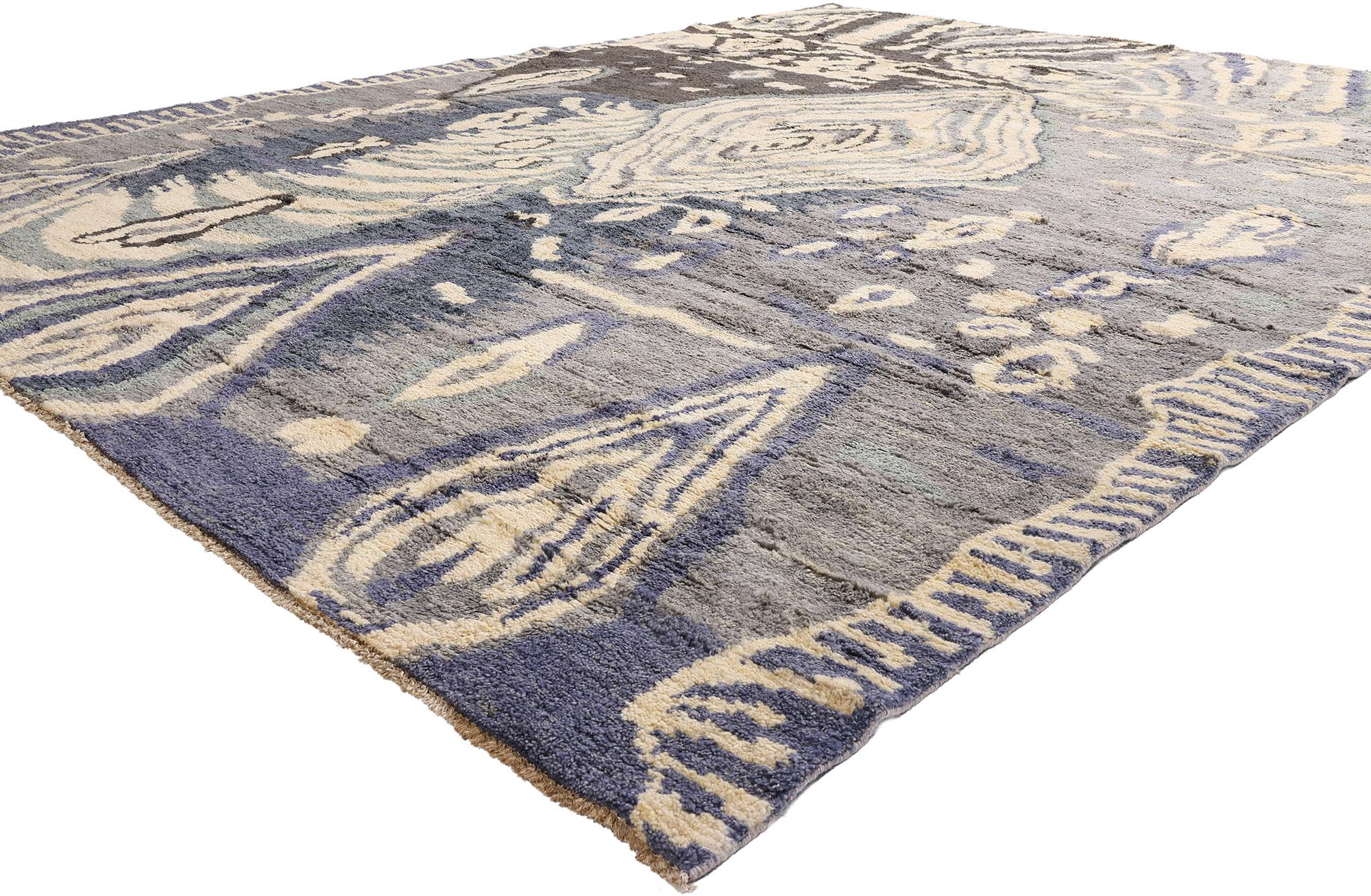 80475 Rare Modern Abstract Moroccan Rug, 10'06 x 13'11. In this rare and evocative modern Moroccan masterpiece—hand-knotted in Pakistan—earthly elegance meets celestial reverie. The rug's softly sumptuous wool surface unfolds like a dreamscape of