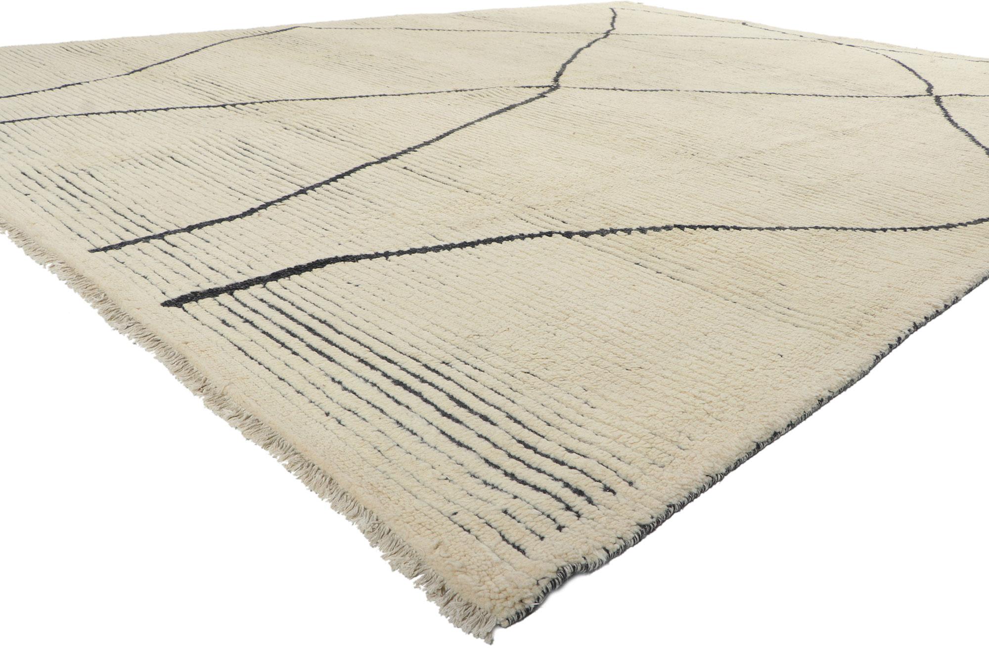 80589 New Modern Moroccan Area Rug, 10'05 x 13'08.
Emanating modern style with a plush pile, this hand knotted wool Moroccan style rug is a captivating vision of woven beauty. The simplistic design and neutral colorway woven into this piece work