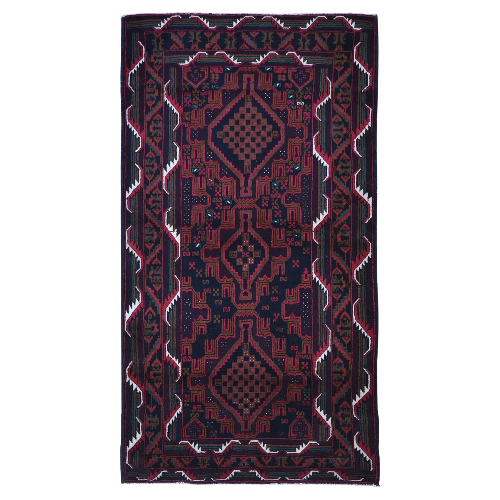 New Large Persian Baluch Pure Wool Geometric Medallion Design Hand Knotted Rug For Sale