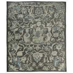 New Large Turkish Oushak Rug with Blue & Ivory Floral Details on Gray Field