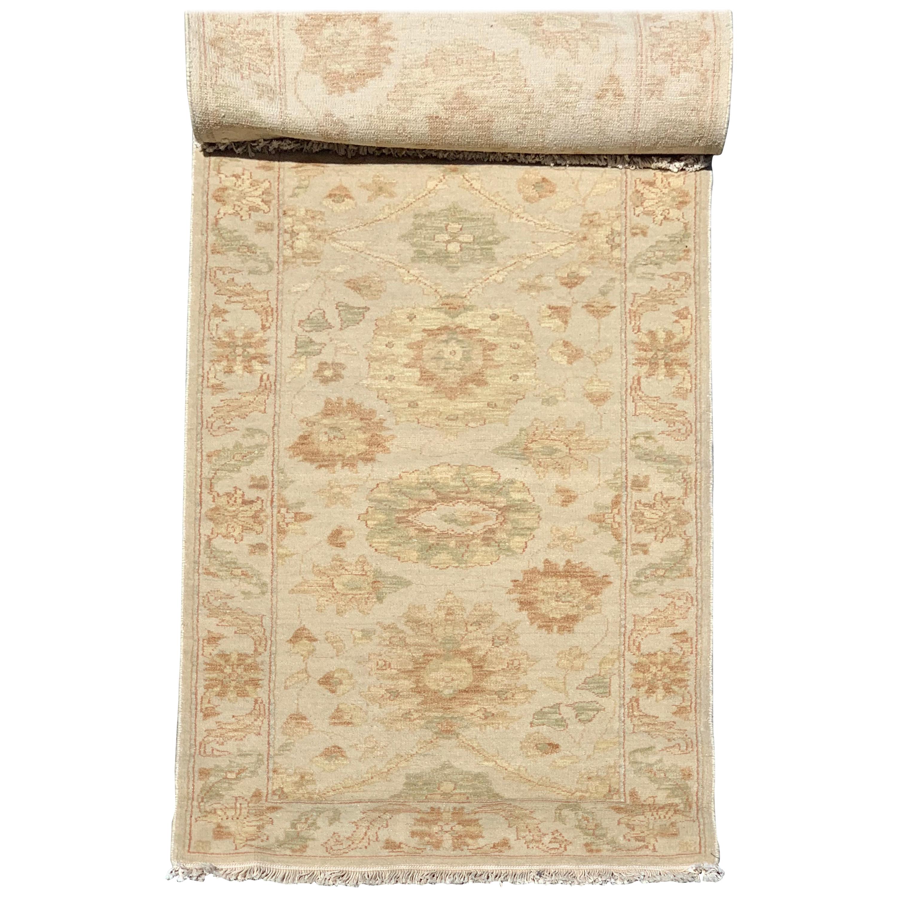 New Narrow Beige Ivory Floral Persian Sultanabad Oushak Style Runner Rug For Sale