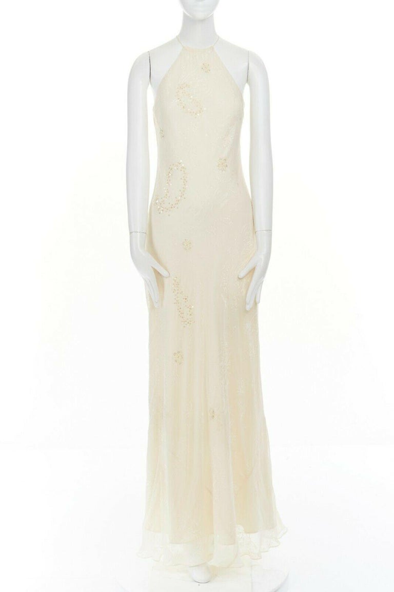 new LAUNDRY SHELLI SEGAL cream silk Devore bead embellished halter gown