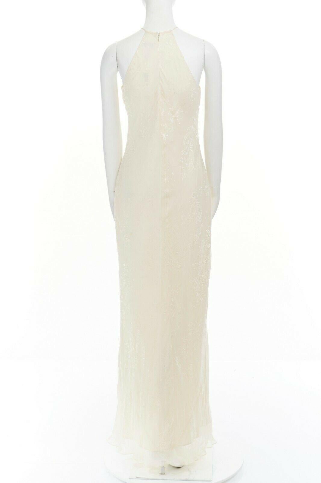 new LAUNDRY SHELLI SEGAL cream silk Devore bead embellished halter gown US8 M In Good Condition In Hong Kong, NT