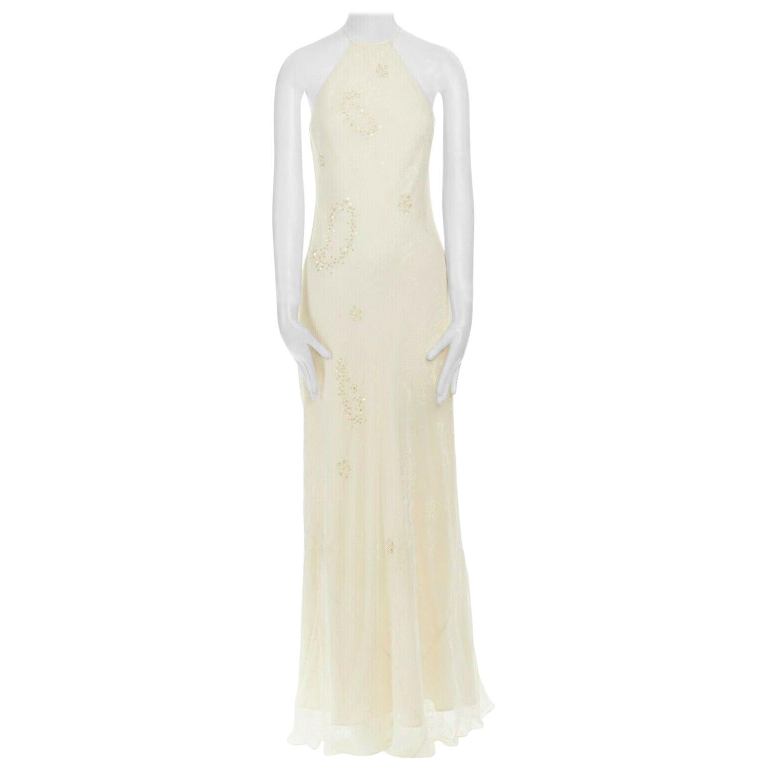 new LAUNDRY SHELLI SEGAL cream silk Devore bead embellished halter gown US8 M