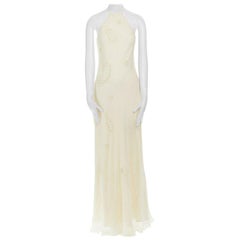 new LAUNDRY SHELLI SEGAL cream silk Devore bead embellished halter gown US8 M