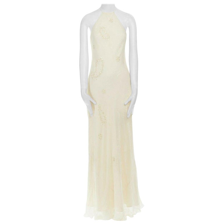 new LAUNDRY SHELLI SEGAL cream silk Devore bead embellished halter gown