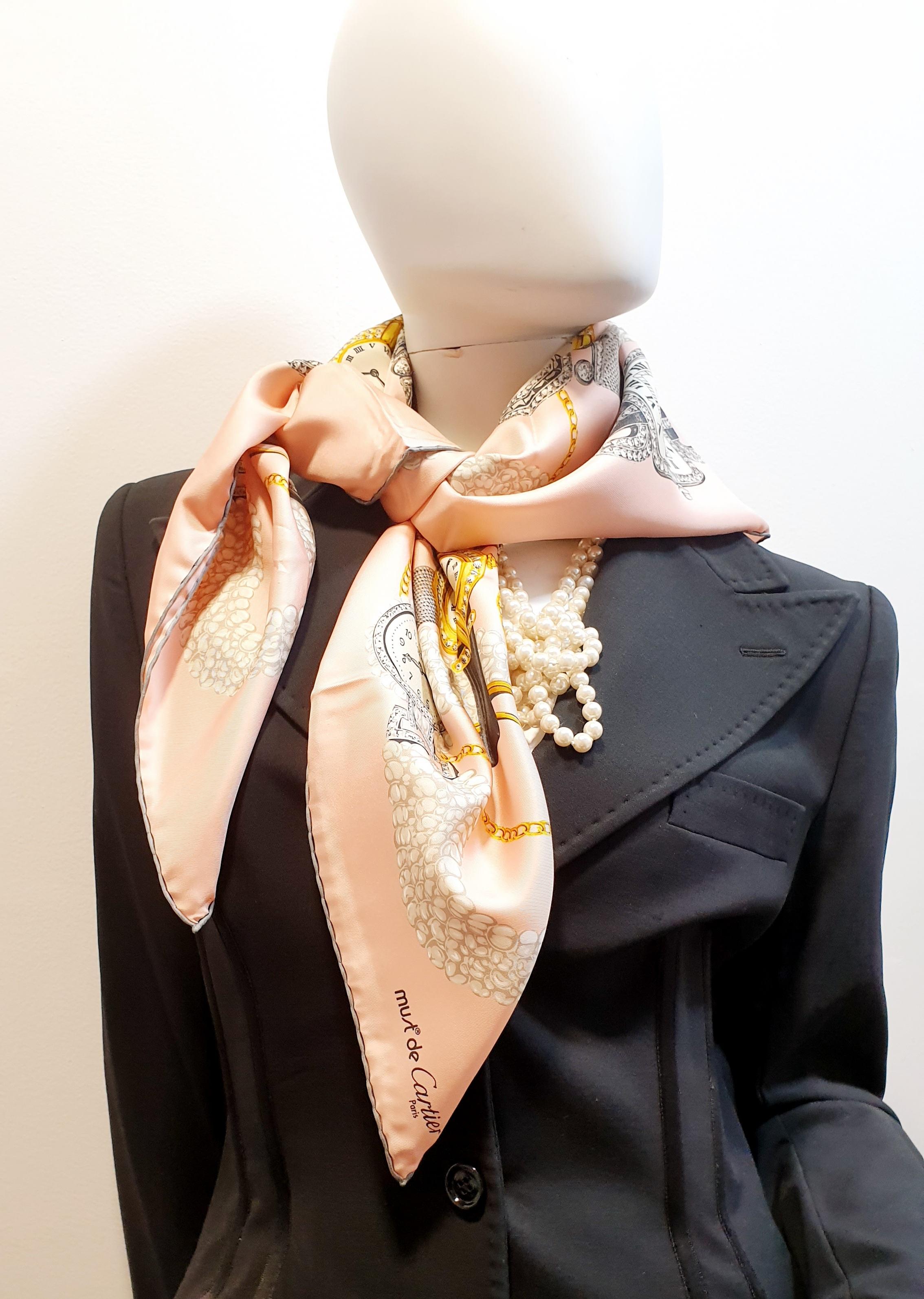 Orange New Le must de Cartier silk salmon scarf with precious jewels designed  For Sale
