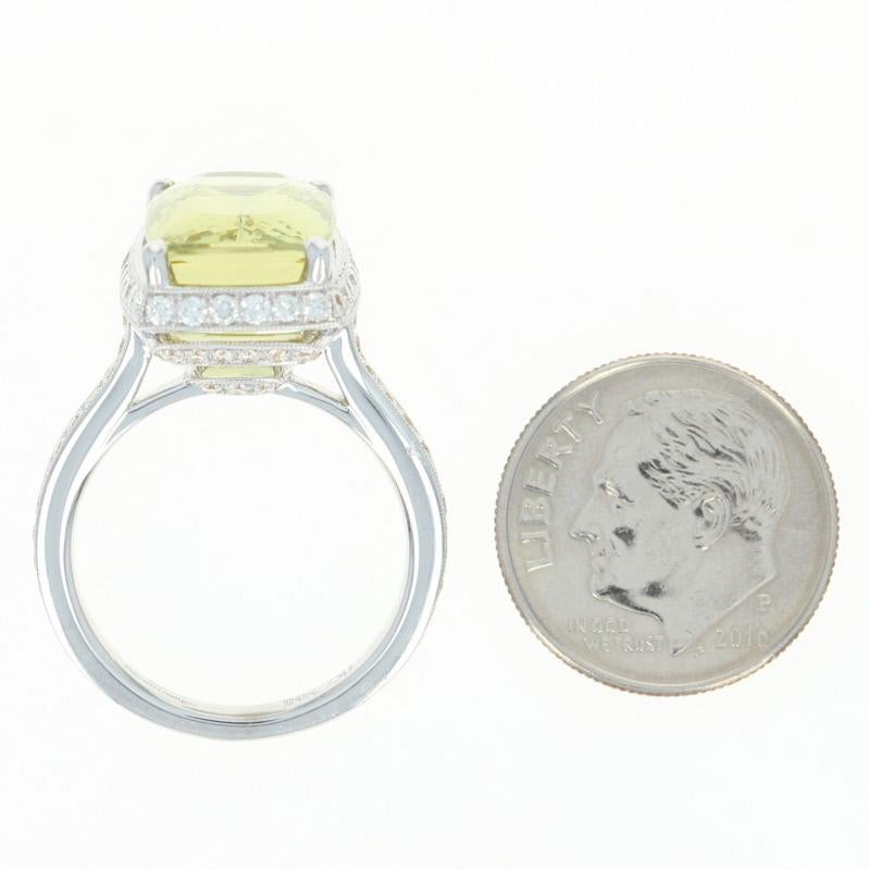 Women's Lemon Quartz and Diamond Halo Ring, 18 Karat White Gold Cushion 8.12 Carat