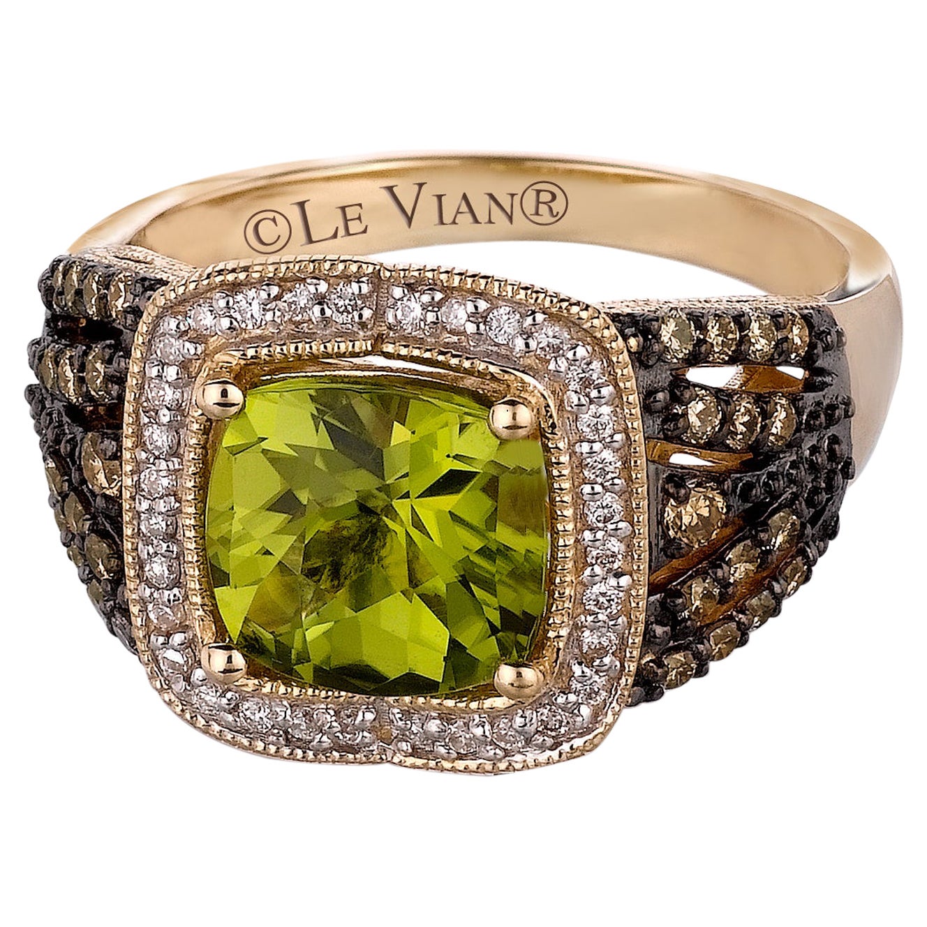Bague LeVian neuve en or jaune 14 carats avec péridots, diamants chocolats et vanilla