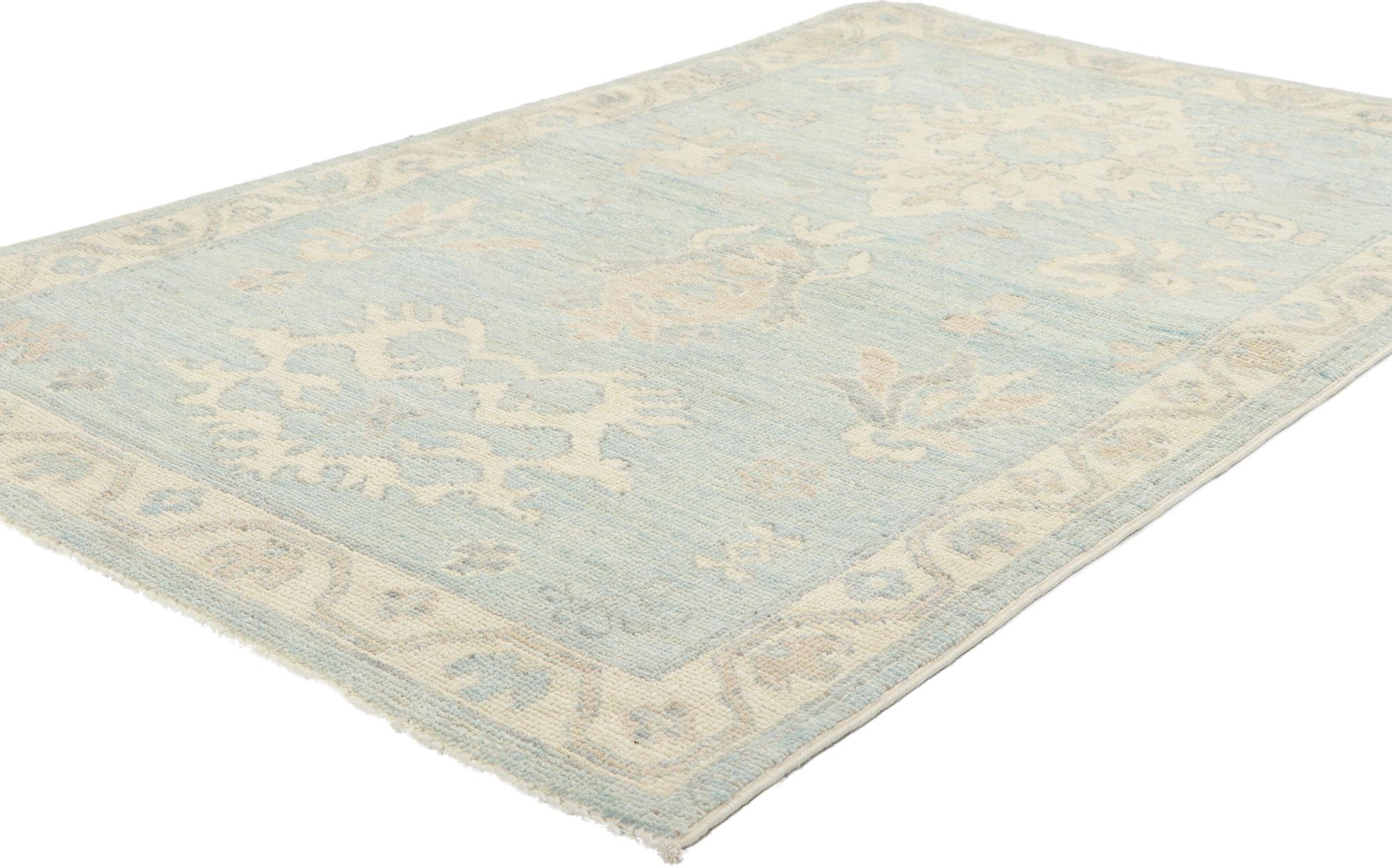 80845 New Light Blue Oushak Rug, 03'00 x 04'11. Serene and sophisticated, this hand-knotted wool light blue Oushak rug beautifully embodies a modern style. The composition features an allover botanical pattern composed of amorphous organic motifs