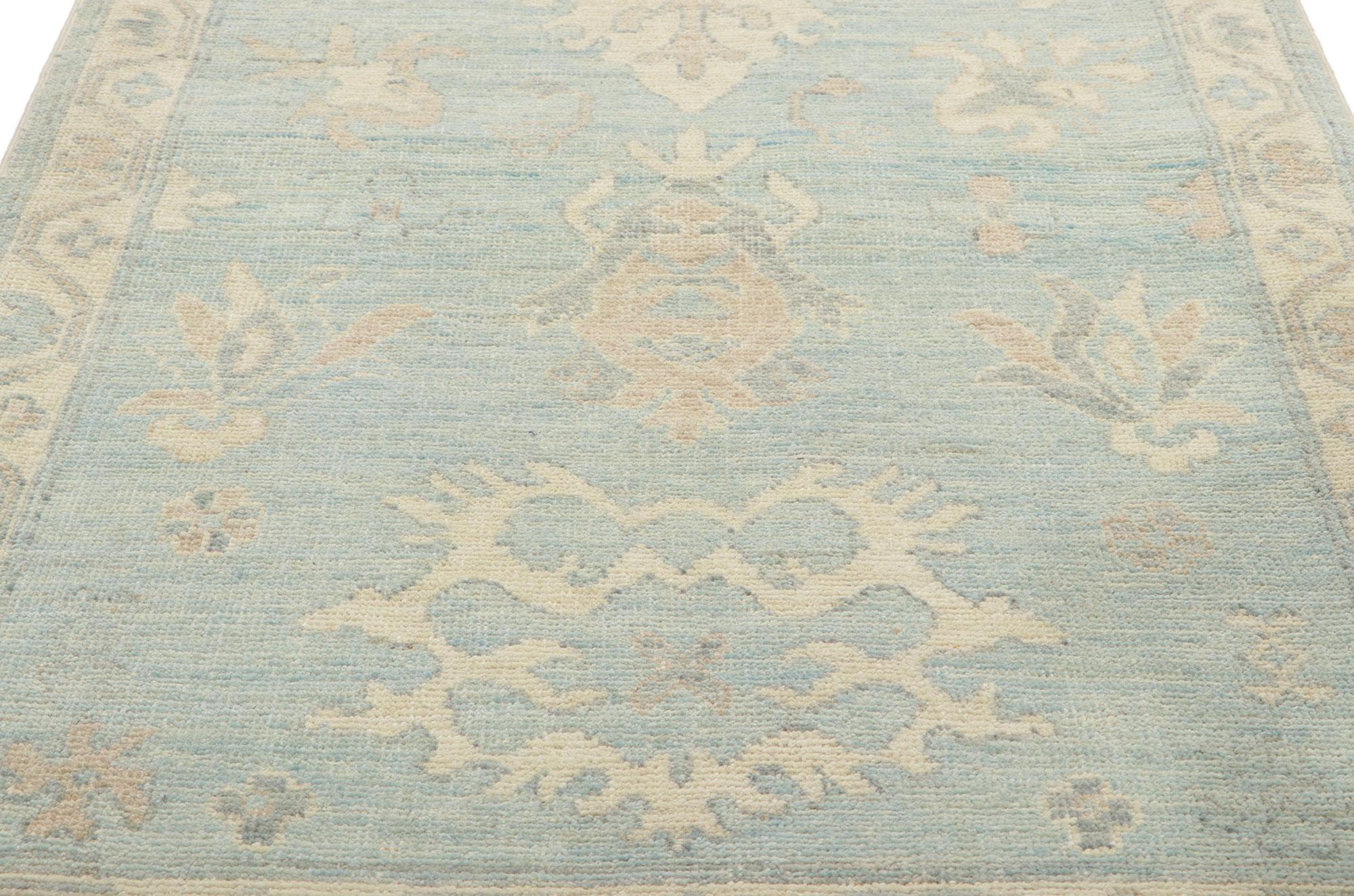 Wool Light Blue Modern Oushak Rug, Contemporary Elegance Meets Relaxed Refinement For Sale