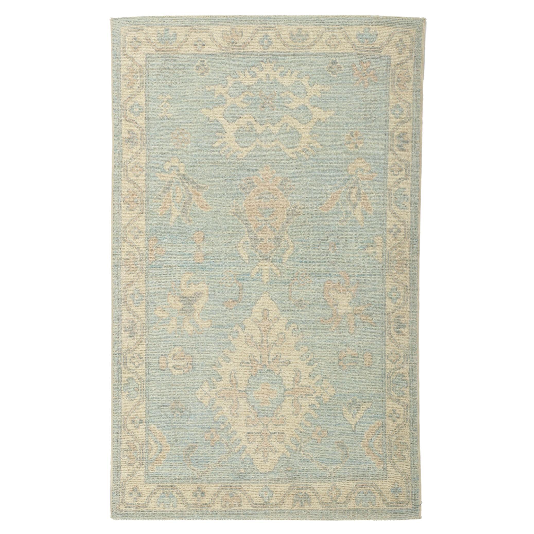 Light Blue Modern Oushak Rug, Contemporary Elegance Meets Relaxed Refinement For Sale