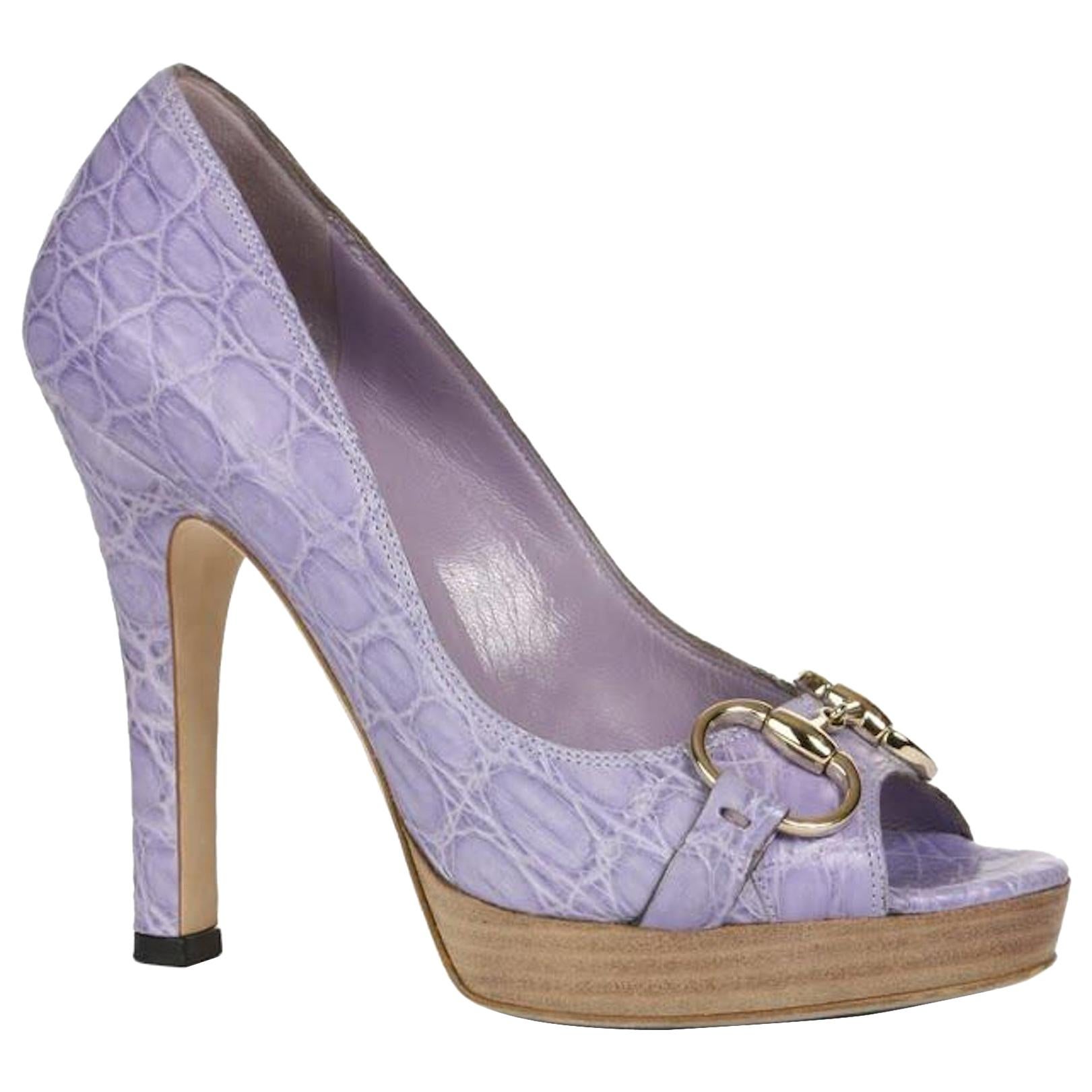 UNWORN Lilac Gucci Horsebit Exotic Crocodile Peep Toe High Heels Sandals 39 For Sale