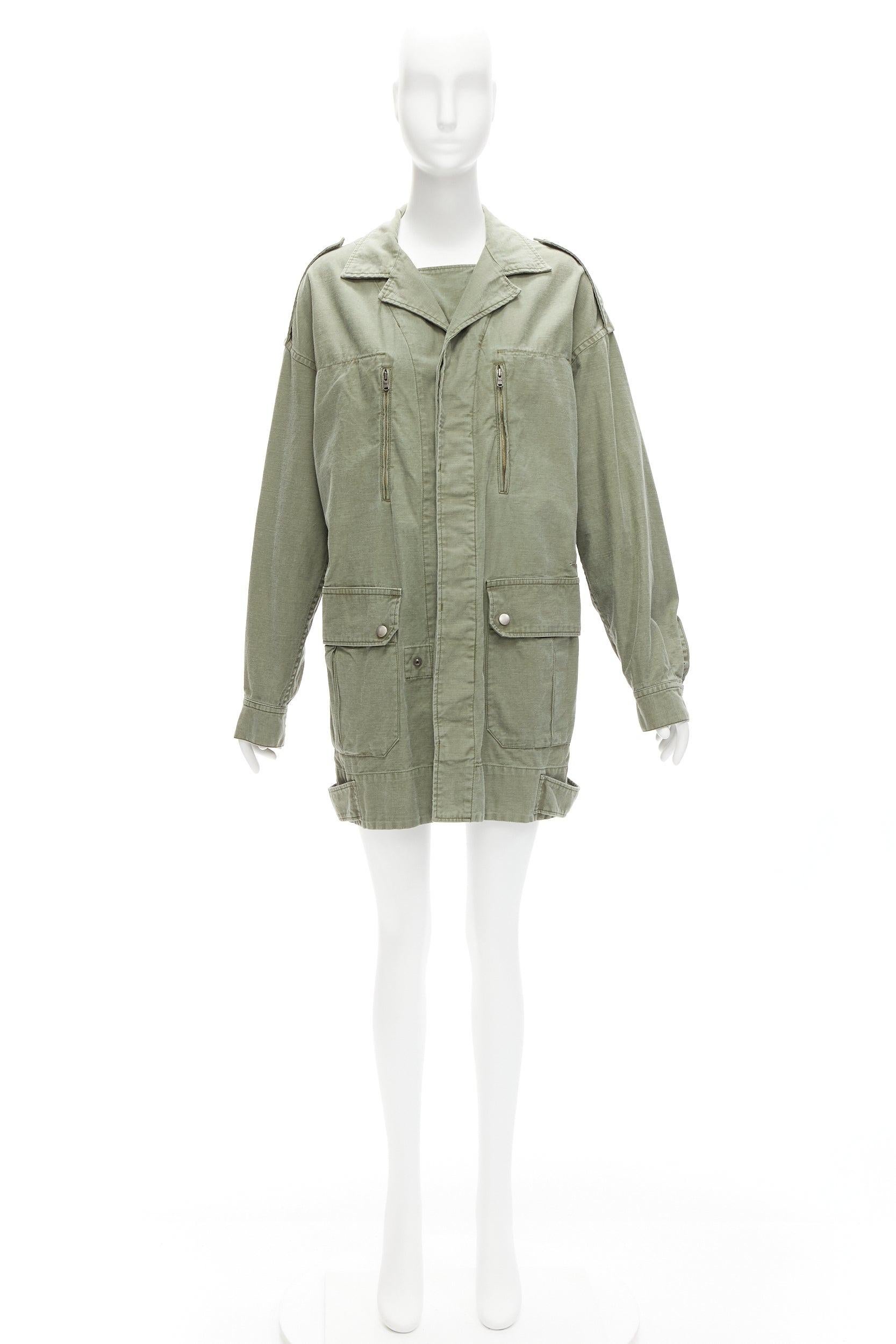 new LIMI FEU washed green cotton zip back pocketed utility parka coat S For Sale 5