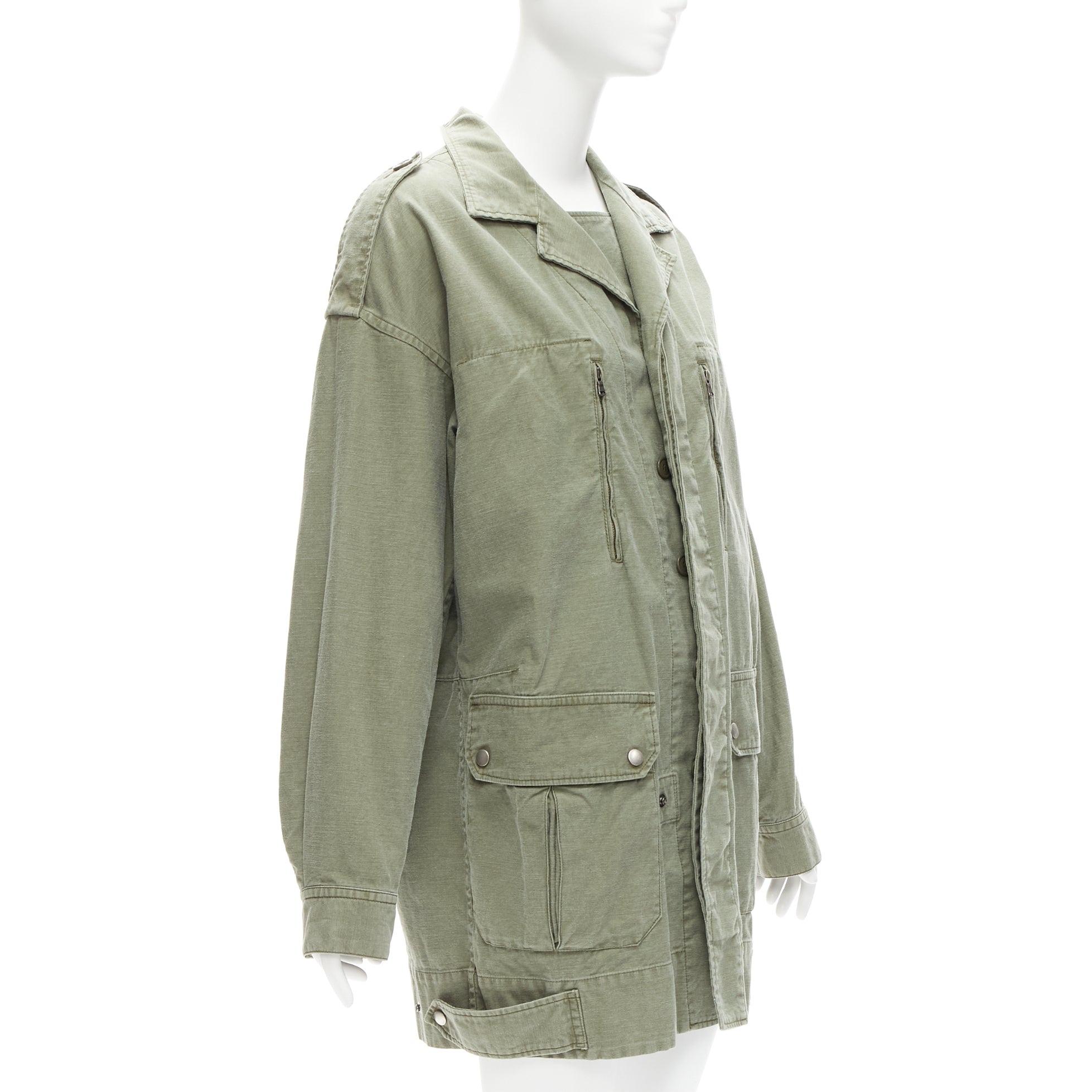 new LIMI FEU washed green cotton zip back pocketed utility parka coat S In New Condition For Sale In Hong Kong, NT