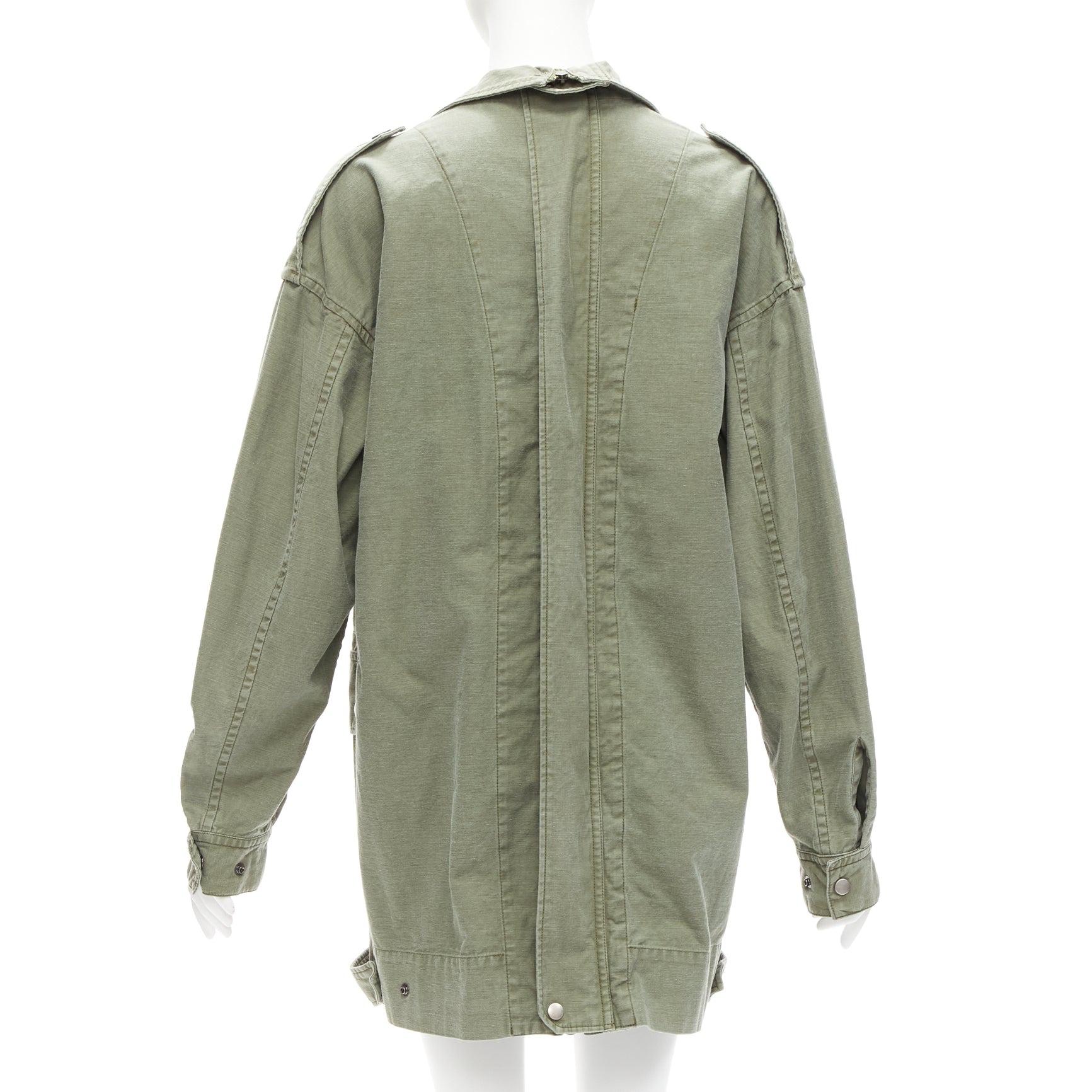 new LIMI FEU washed green cotton zip back pocketed utility parka coat S For Sale 1