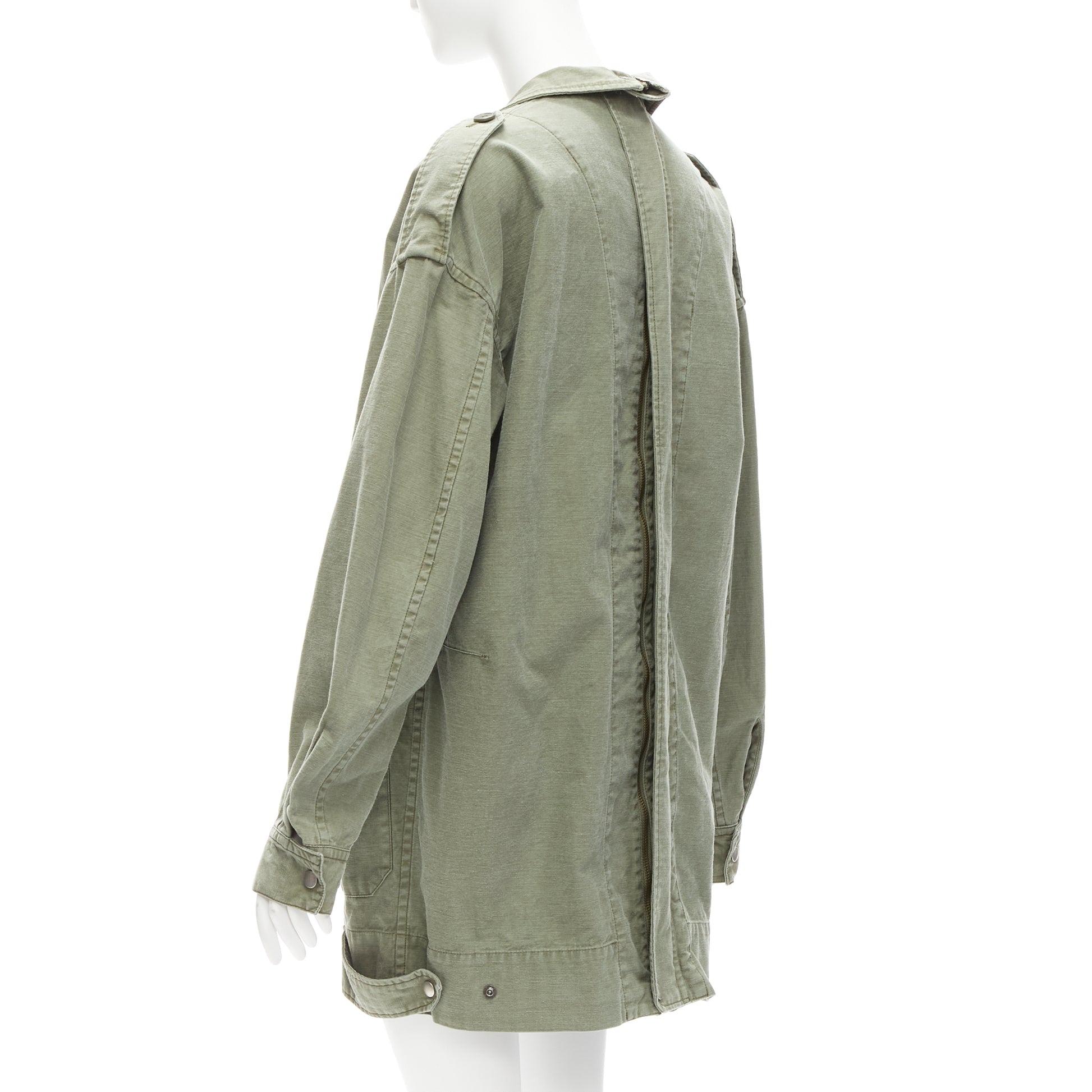 new LIMI FEU washed green cotton zip back pocketed utility parka coat S For Sale 2