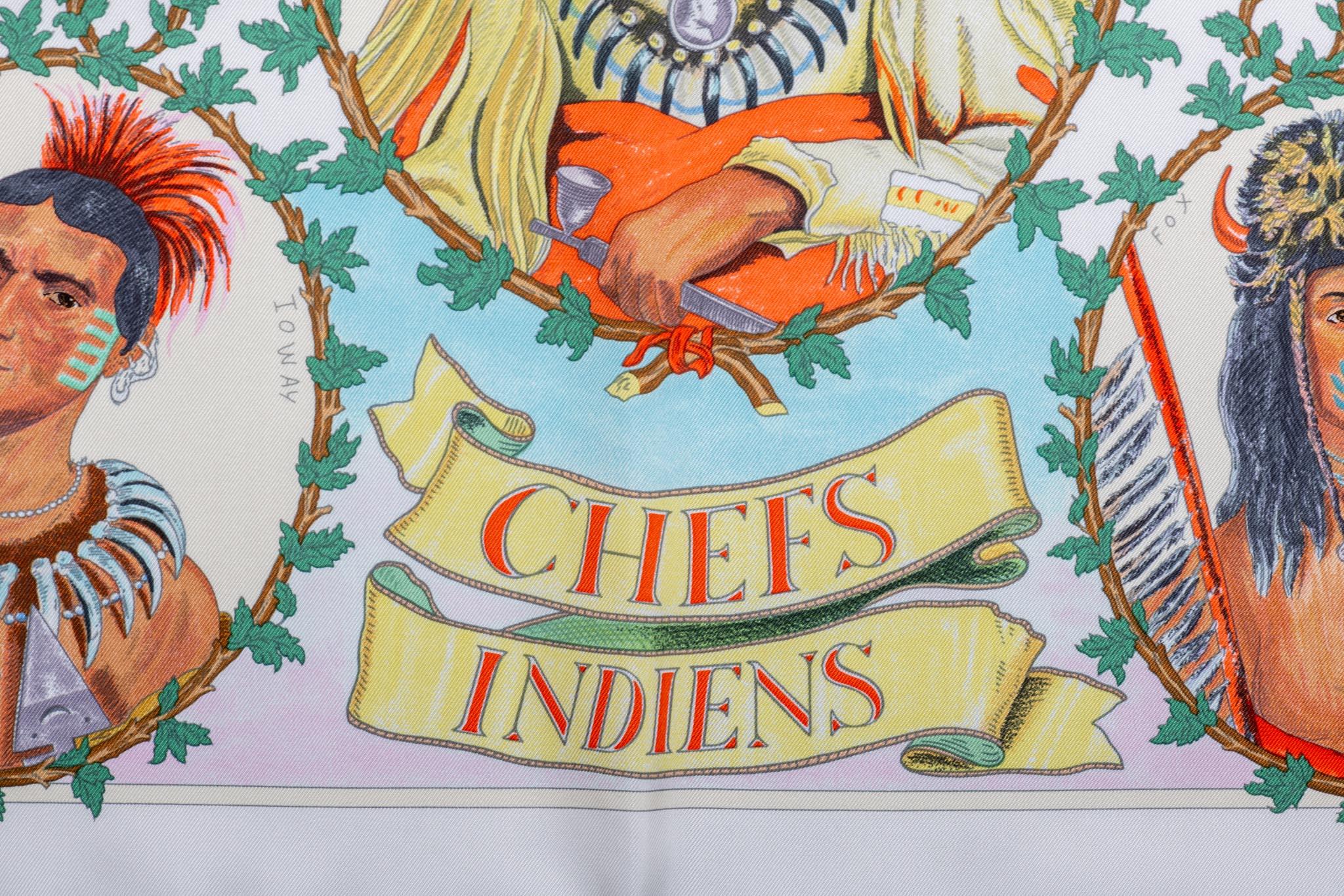 Limited edition Hermès white Chefs Indiens scarf by coveted designer Kermit Oliver. New in the box .