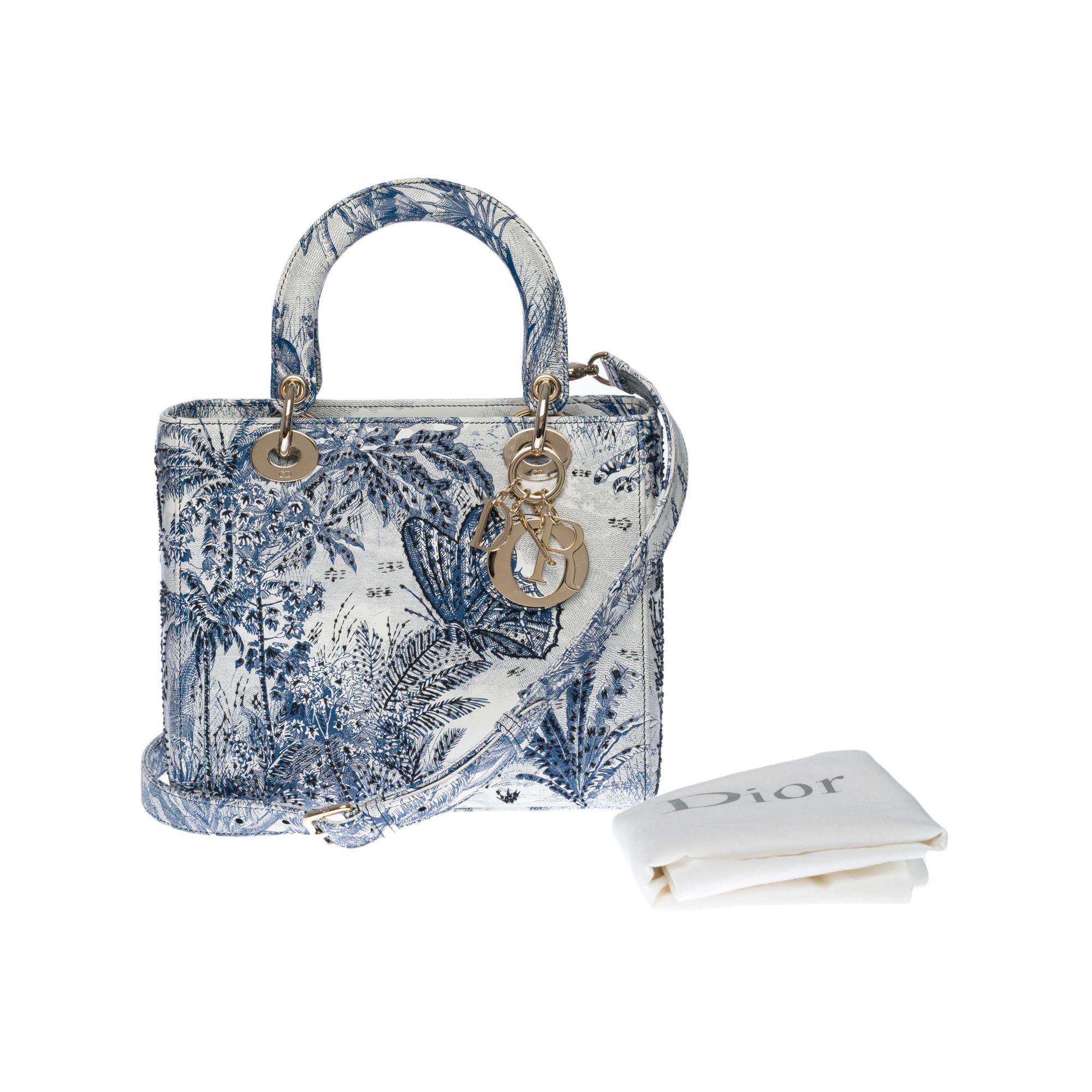 New - Limited Edition Lady Dior MM in blue and white Jouy's Canvas , SHW 4