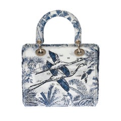 New - Limited Edition Lady Dior MM in blue and white Jouy's Canvas , SHW