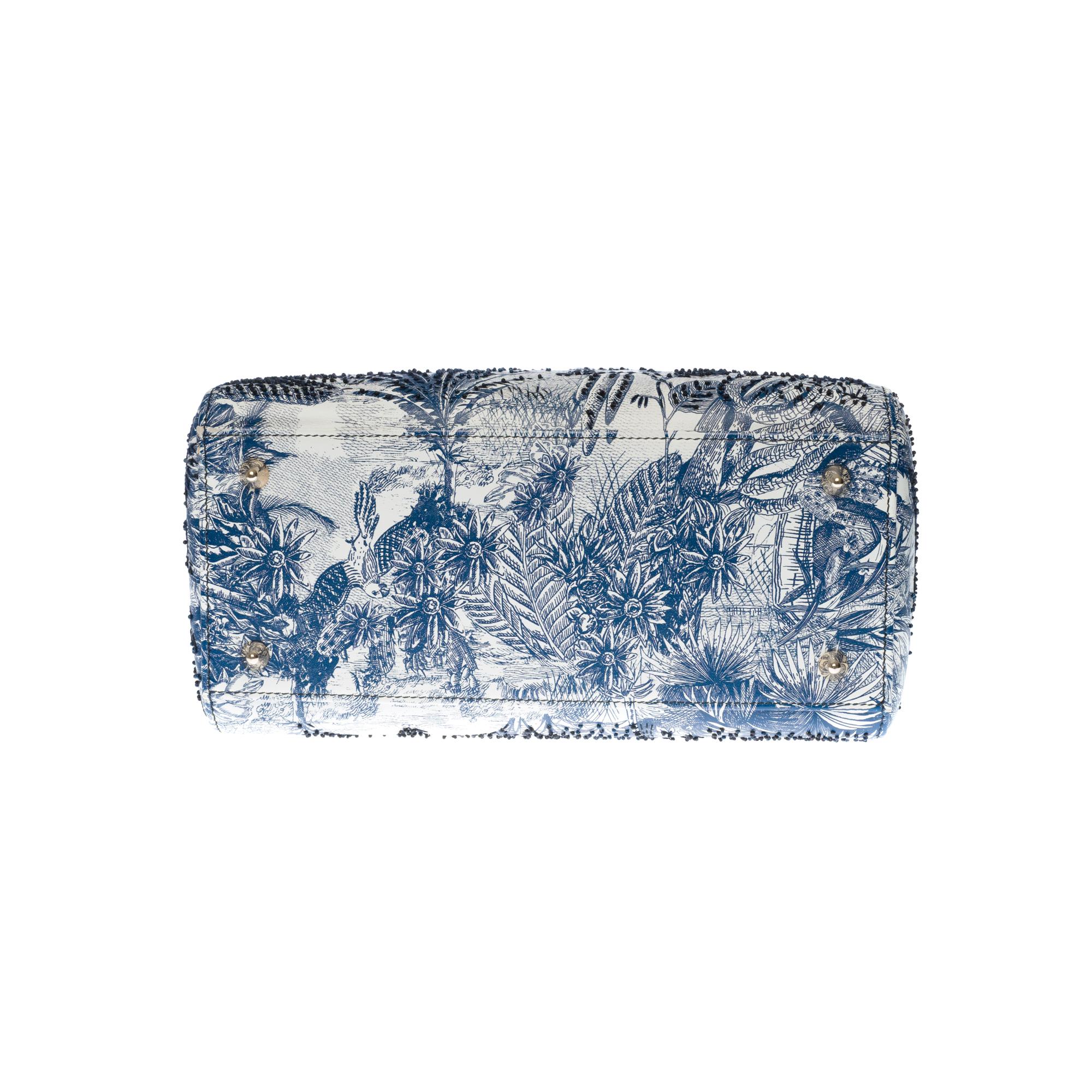 New - Limited Edition Lady Dior MM in blue and white Jouy's Canvas , SHW 1
