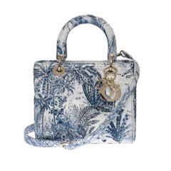 New - Limited Edition Lady Dior MM in blue and white Jouy's Canvas , SHW