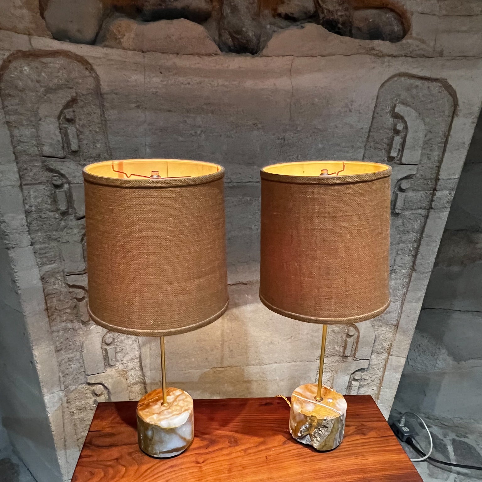 New Limited Edition Spectacular Set of Onyx Acid Table Lamps
19 tall x 5.5 in diameter
Original vintage condition.
Does not include lamp shades.
See all images provided please.
Features new wiring, new socket and plug.
Tested and