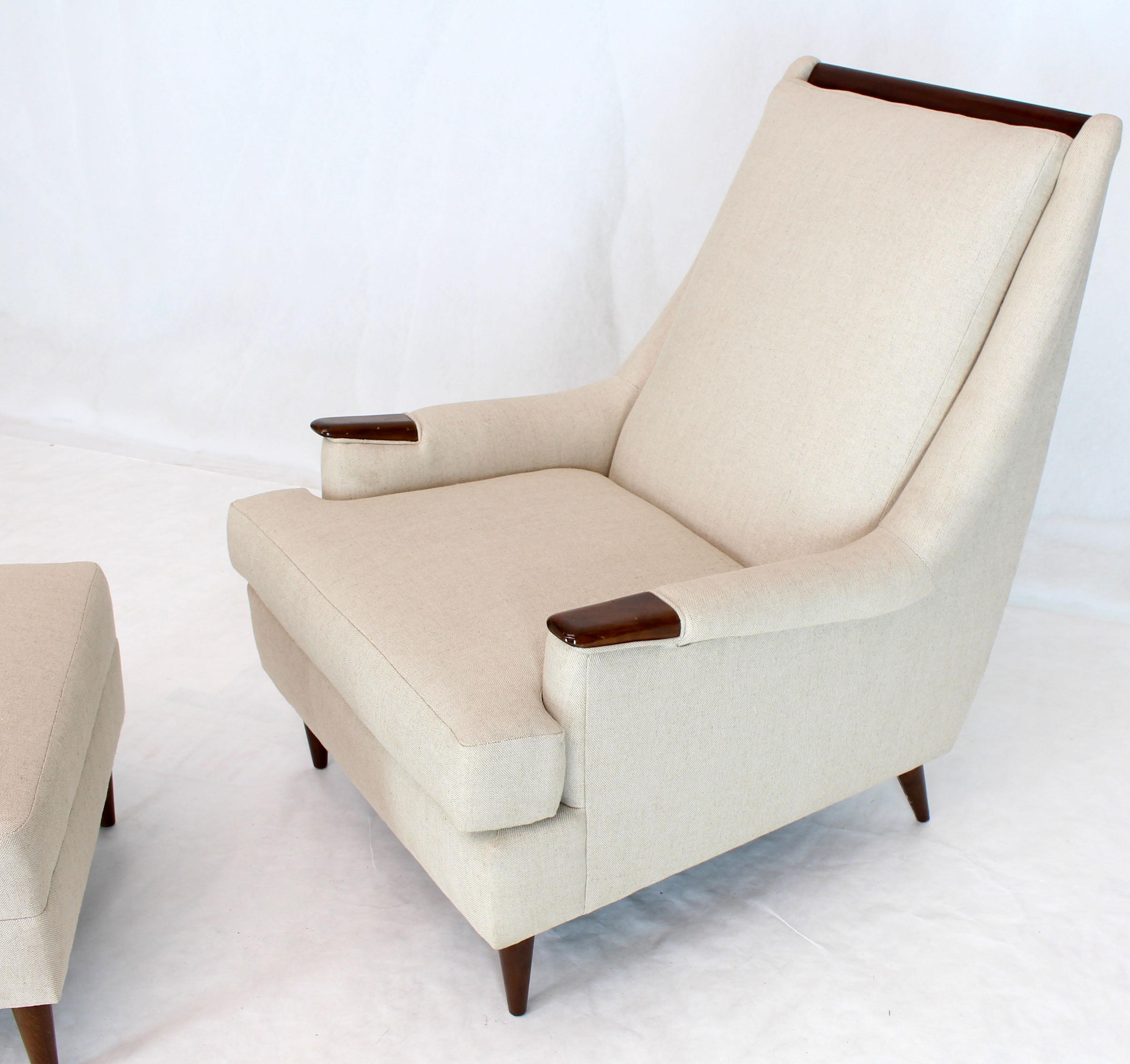 New linen upholstery papa bear style midcentury Danish modern lounge chair with matching footstool. Ottoman measures: 19 x 22 x 15.