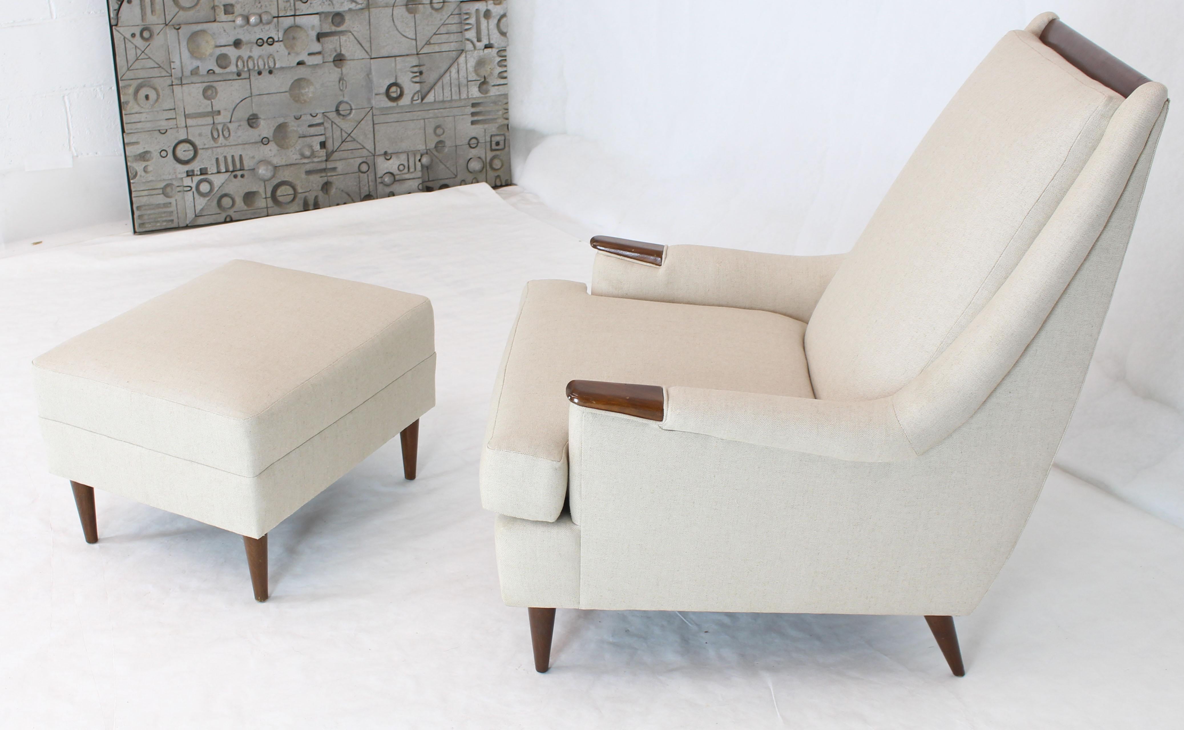 Lacquered New Linen Upholstery Mid-Century Modern Lounge Chair with Matching Ottoman