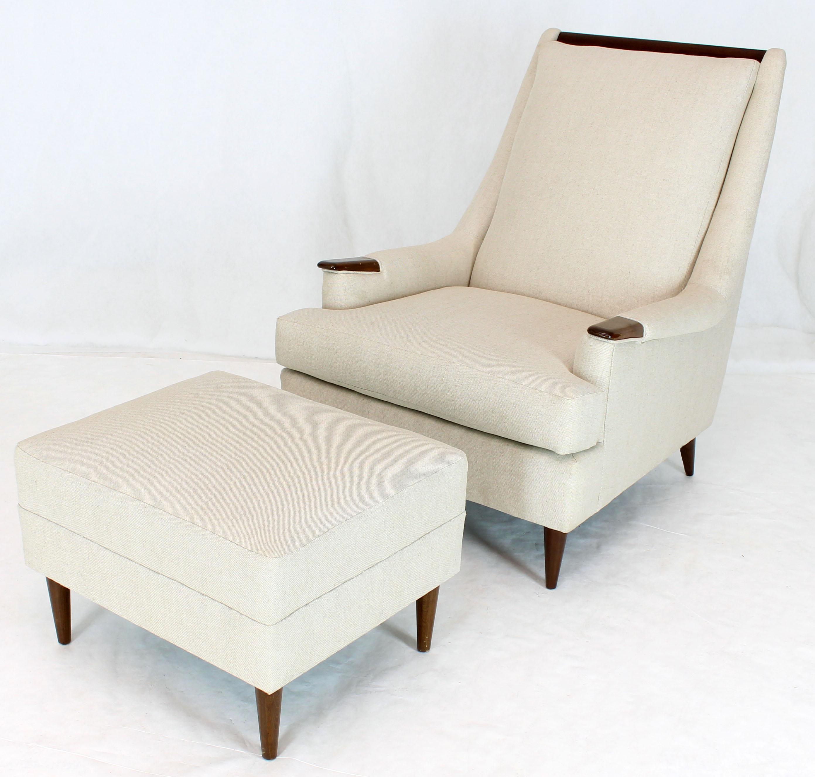 New Linen Upholstery Mid-Century Modern Lounge Chair with Matching Ottoman 3