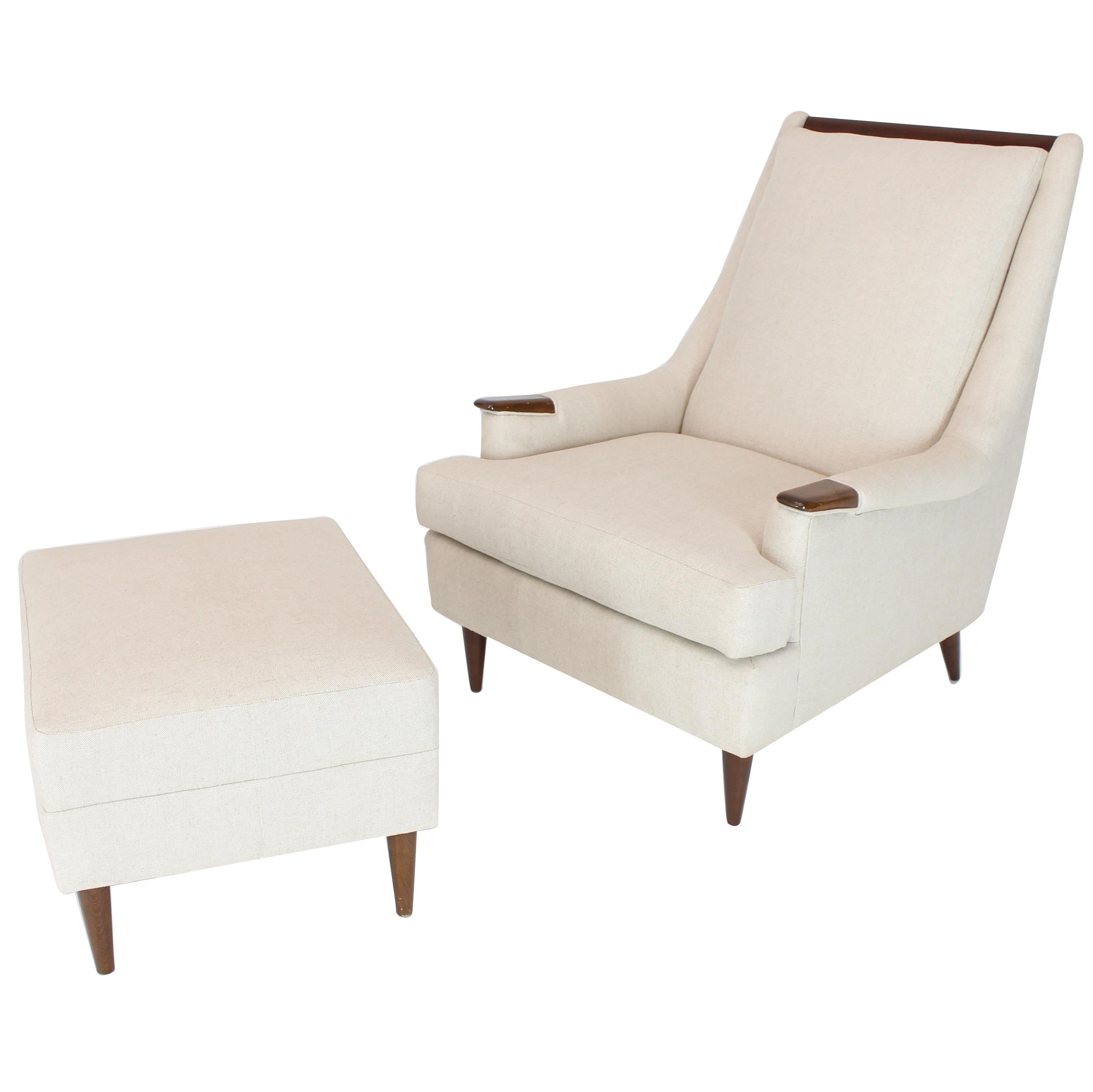 New Linen Upholstery Mid-Century Modern Lounge Chair with Matching Ottoman
