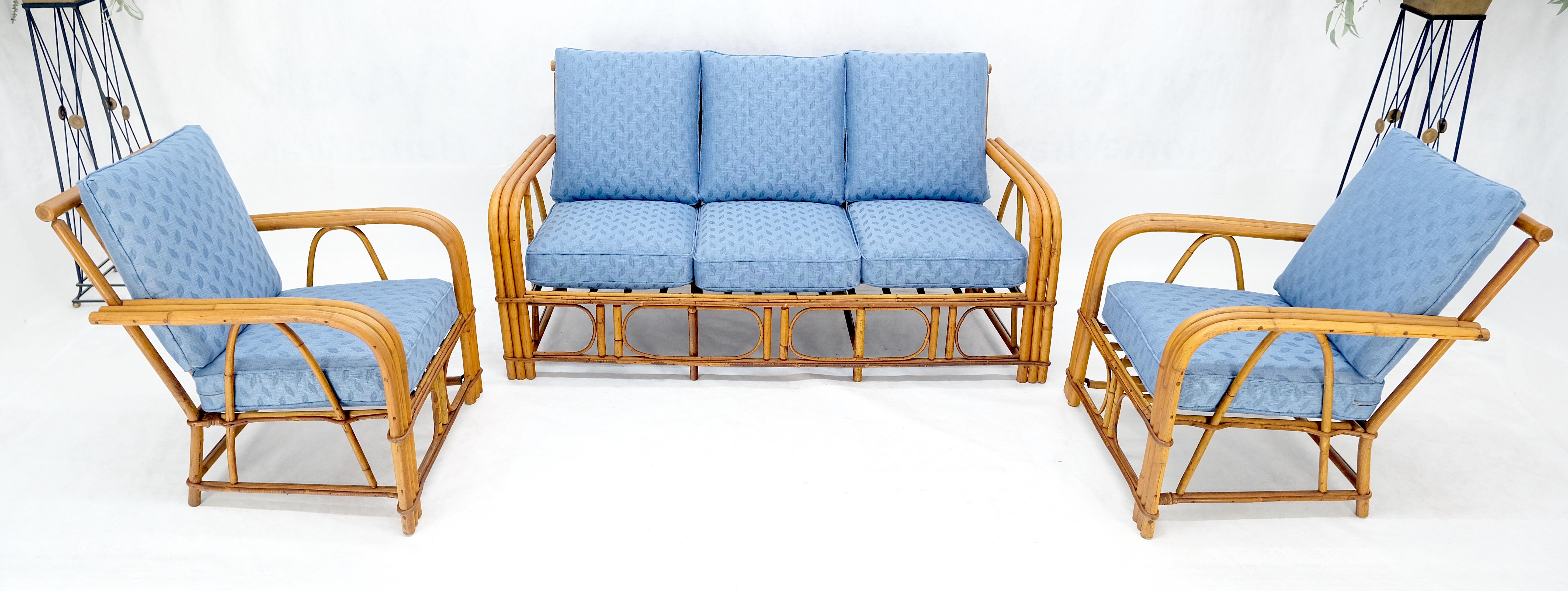¡Nuevo Sofá de tres plazas tapizado en lino Sofá de bambú y par de sillones MINT! Estadounidense en venta