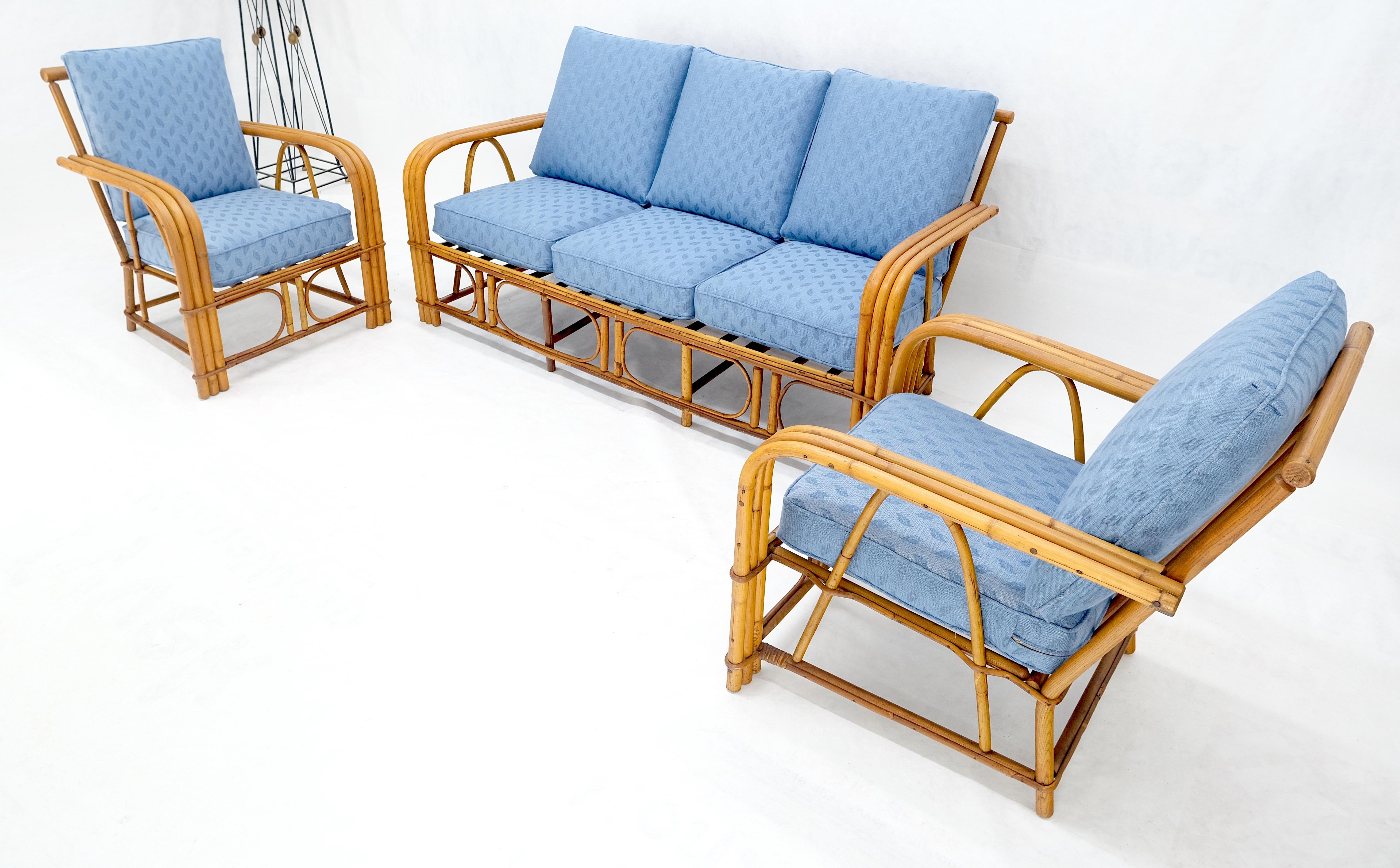 ¡Nuevo Sofá de tres plazas tapizado en lino Sofá de bambú y par de sillones MINT! siglo XX en venta