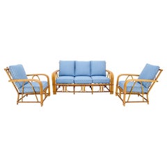 Neu Leinenpolsterung Dreisitzer-Sofa Bambus-Sofa mit Bambus-Sofa und Clubsesseln MINT!