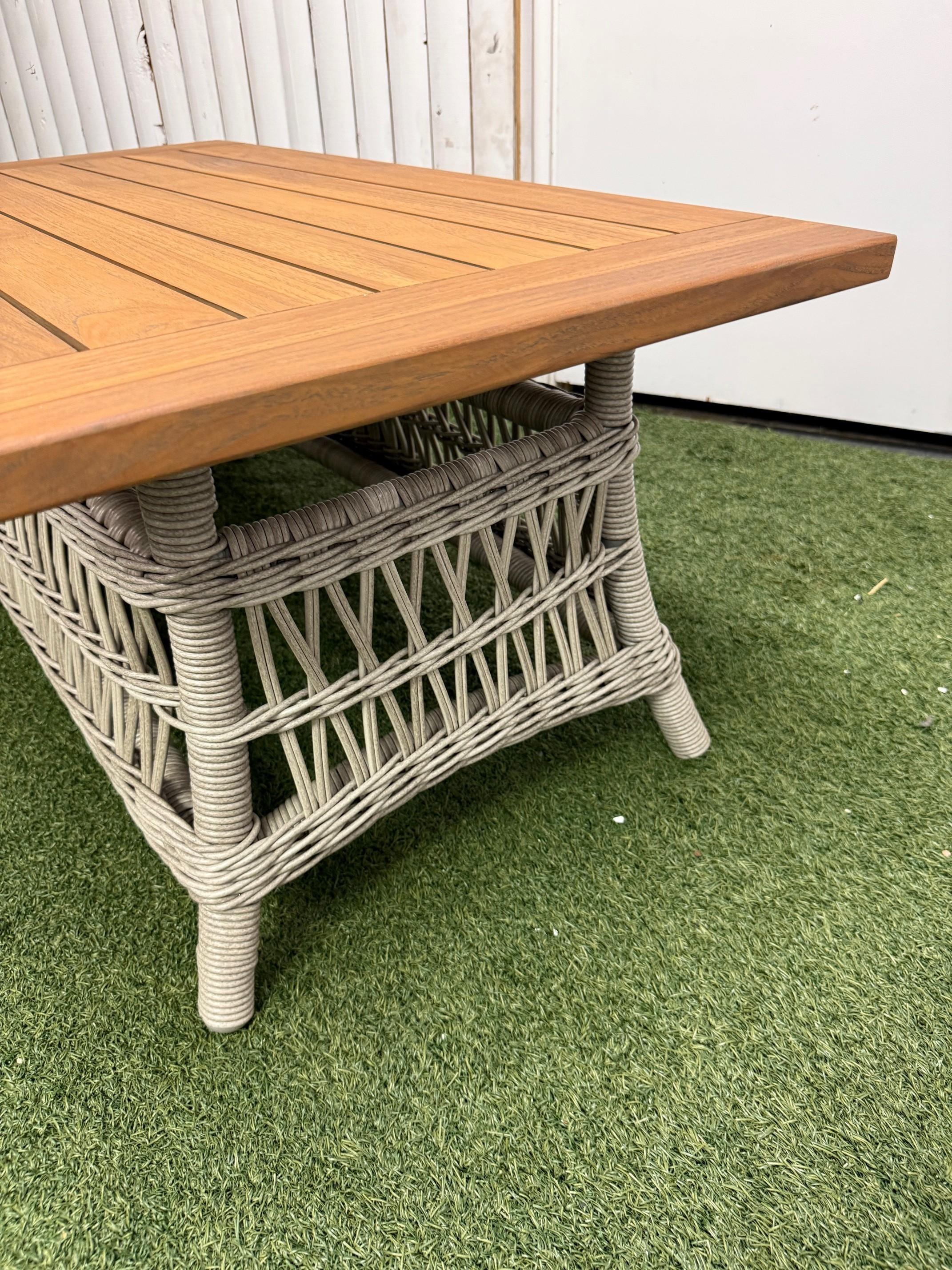 New Lloyd Flanders Mackinac Woven Vinyl Cocktail Table with Teak Top For Sale 1