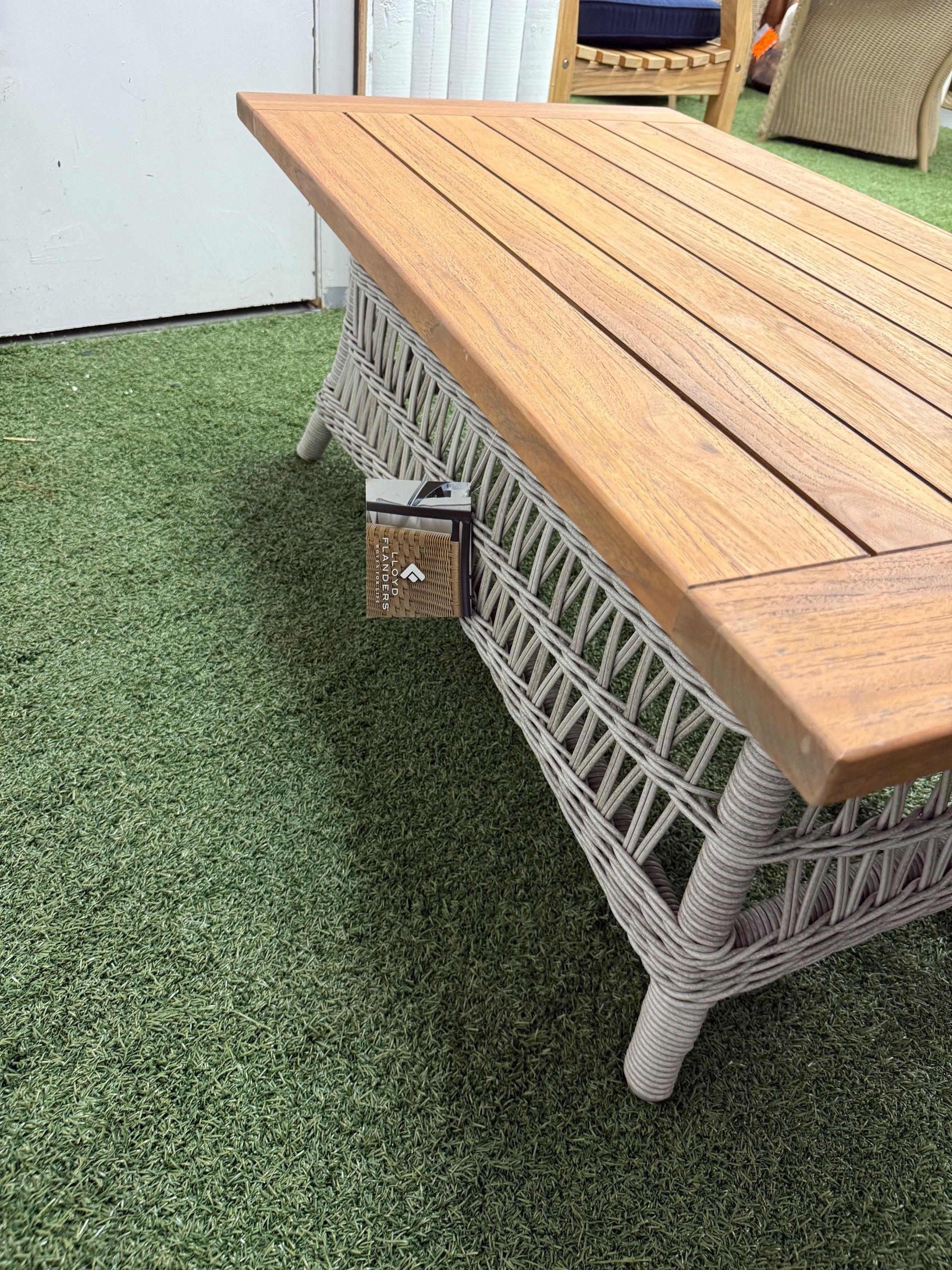 New Lloyd Flanders Mackinac Woven Vinyl Cocktail Table with Teak Top For Sale 2
