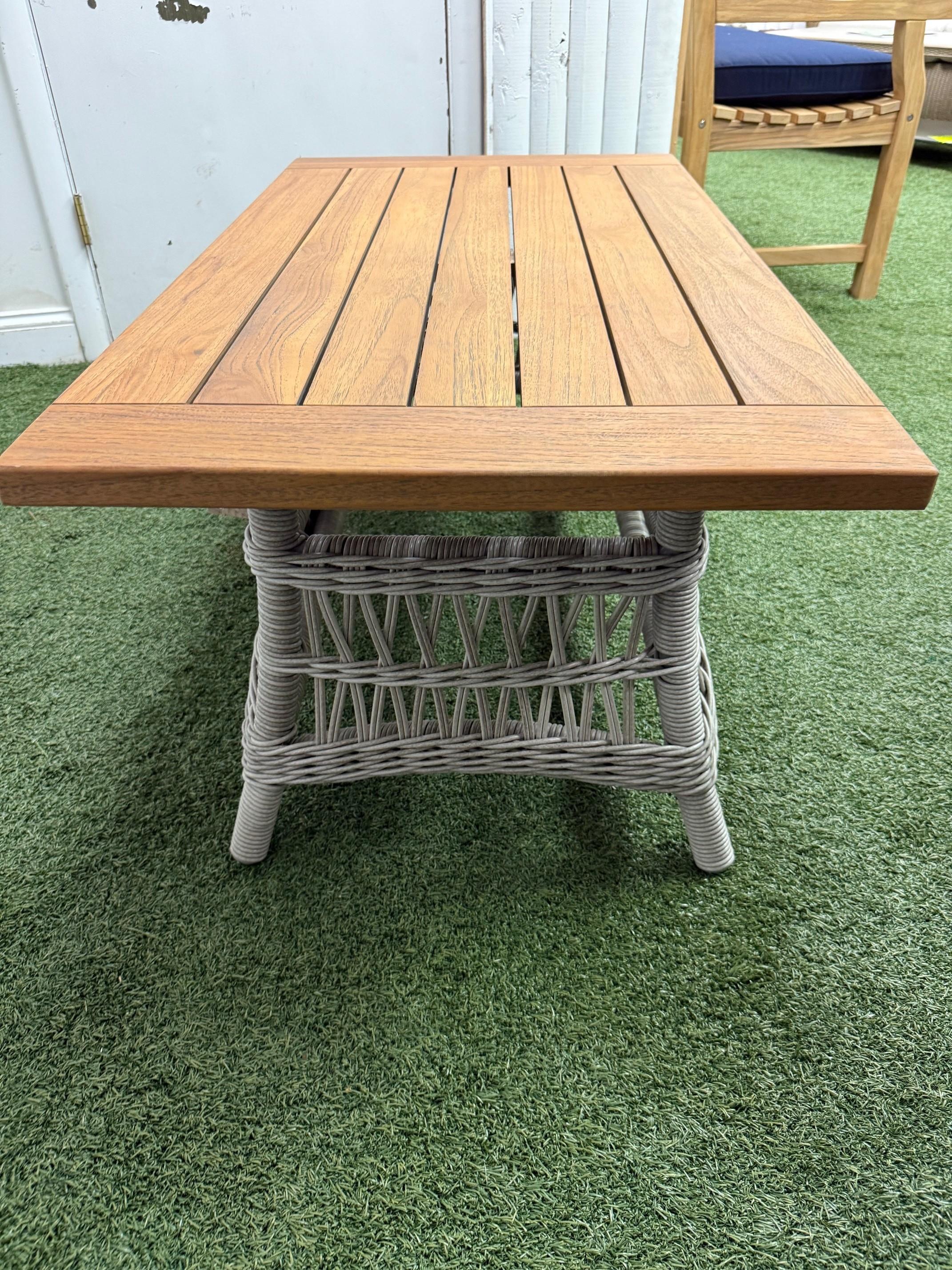 New Lloyd Flanders Mackinac Woven Vinyl Cocktail Table with Teak Top For Sale 3