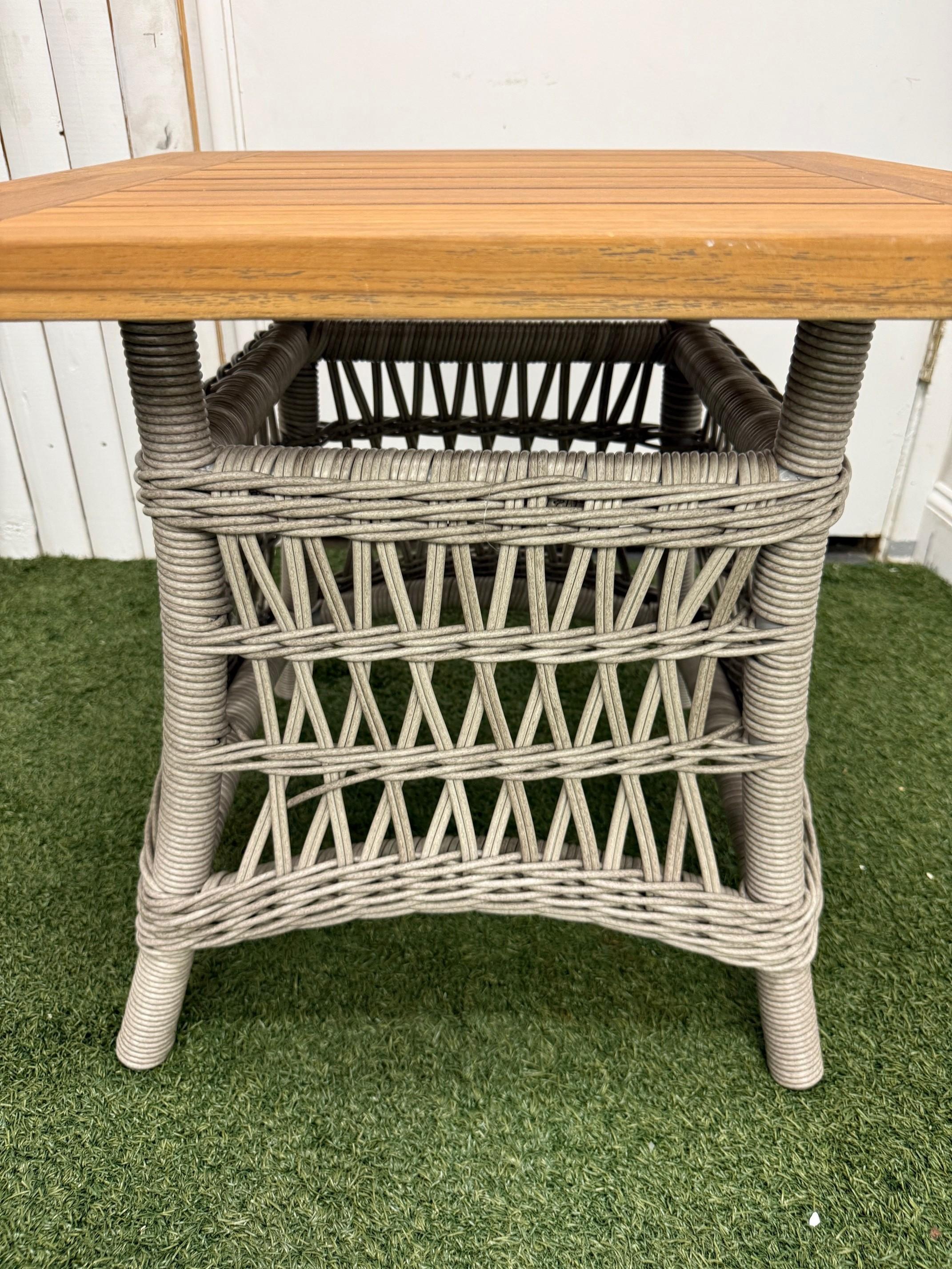 Table d'appoint Lloyd Flanders Mackinac en vinyle tissé avec plateau en teck Excellent état - En vente à Stamford, CT