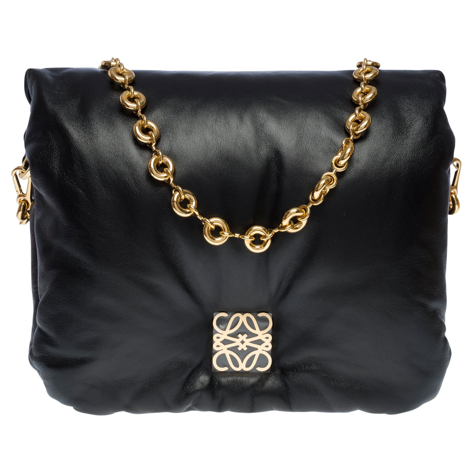 New Loewe Goya Puffer shoulder bag in black shiny lambskin leather, GHW