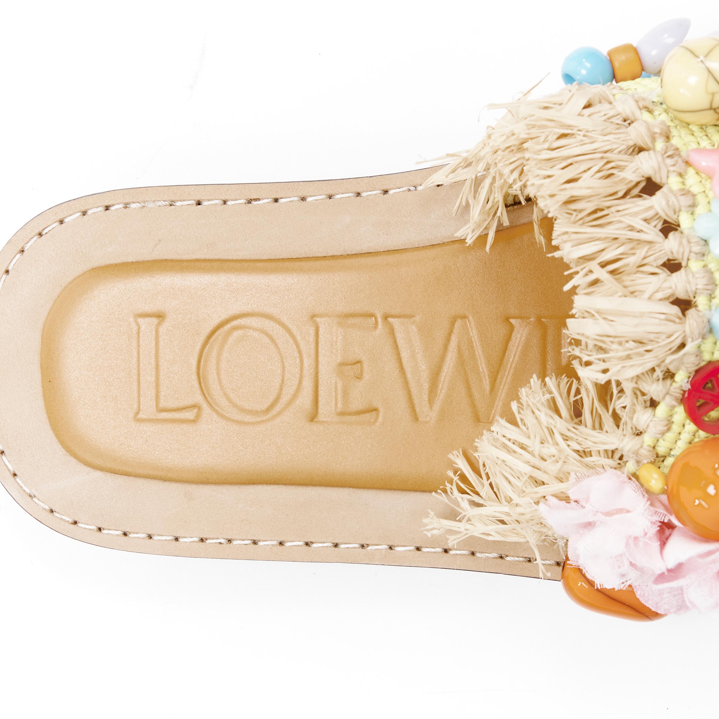 new LOEWE Runway mixed bead embellished yellow fringe raffia flats sandals EU42 2