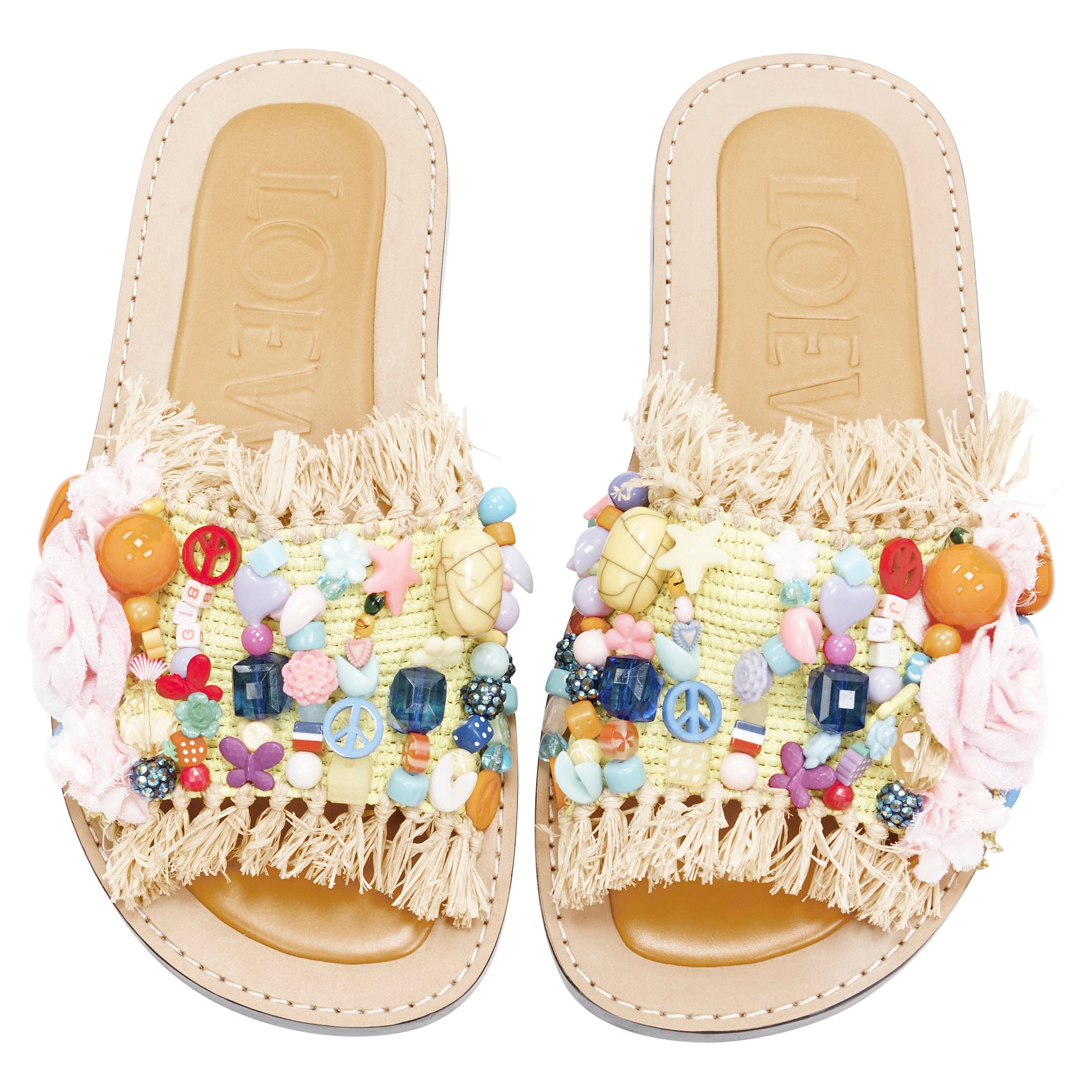 new LOEWE Runway mixed bead embellished yellow fringe raffia flats sandals EU42