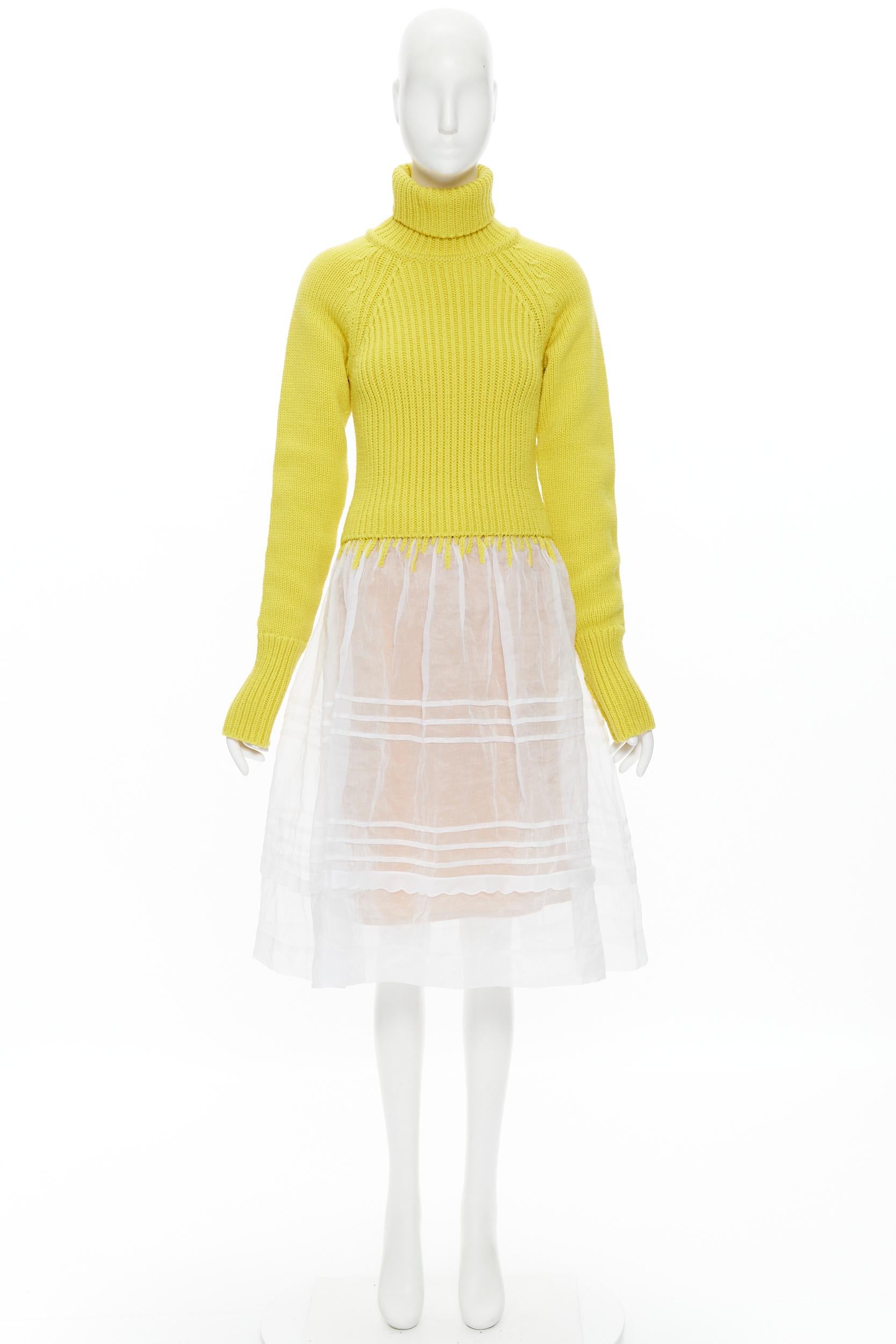 new LOEWE yellow wool chunky knit turtleneck sweater sheer skirt dress M 2