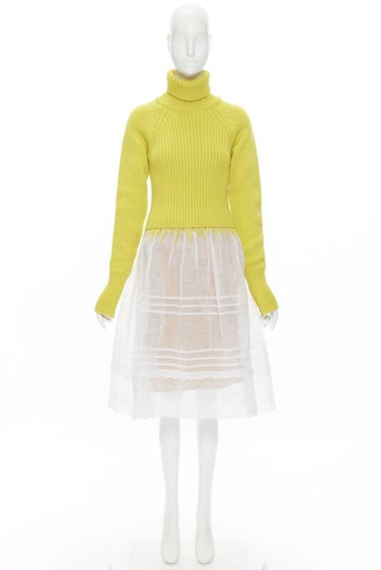 new LOEWE yellow wool chunky knit turtleneck sweater sheer skirt dress M 5