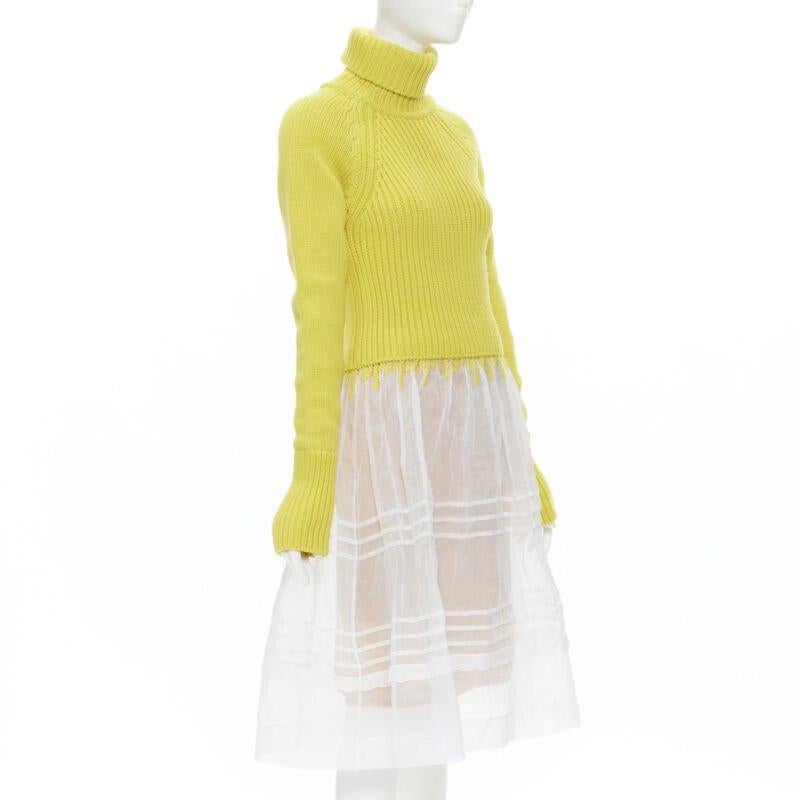 Gray new LOEWE yellow wool chunky knit turtleneck sweater sheer skirt dress M
