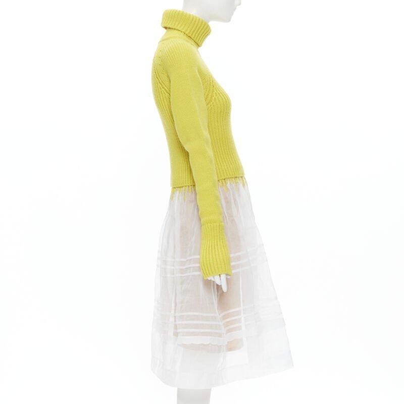 new LOEWE yellow wool chunky knit turtleneck sweater sheer skirt dress M In New Condition In Hong Kong, NT
