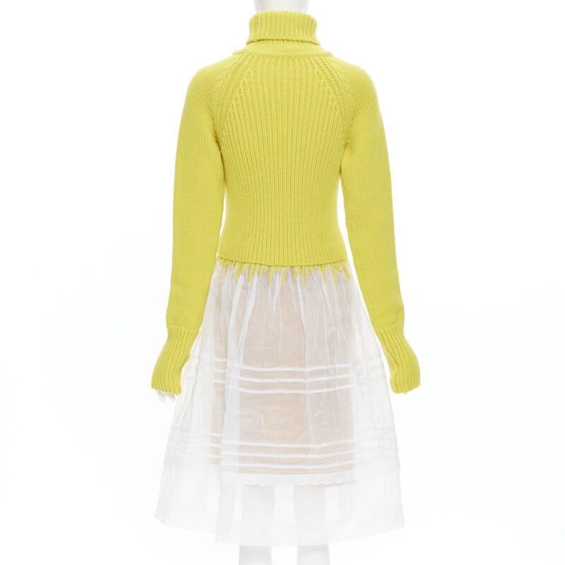 Women's new LOEWE yellow wool chunky knit turtleneck sweater sheer skirt dress M